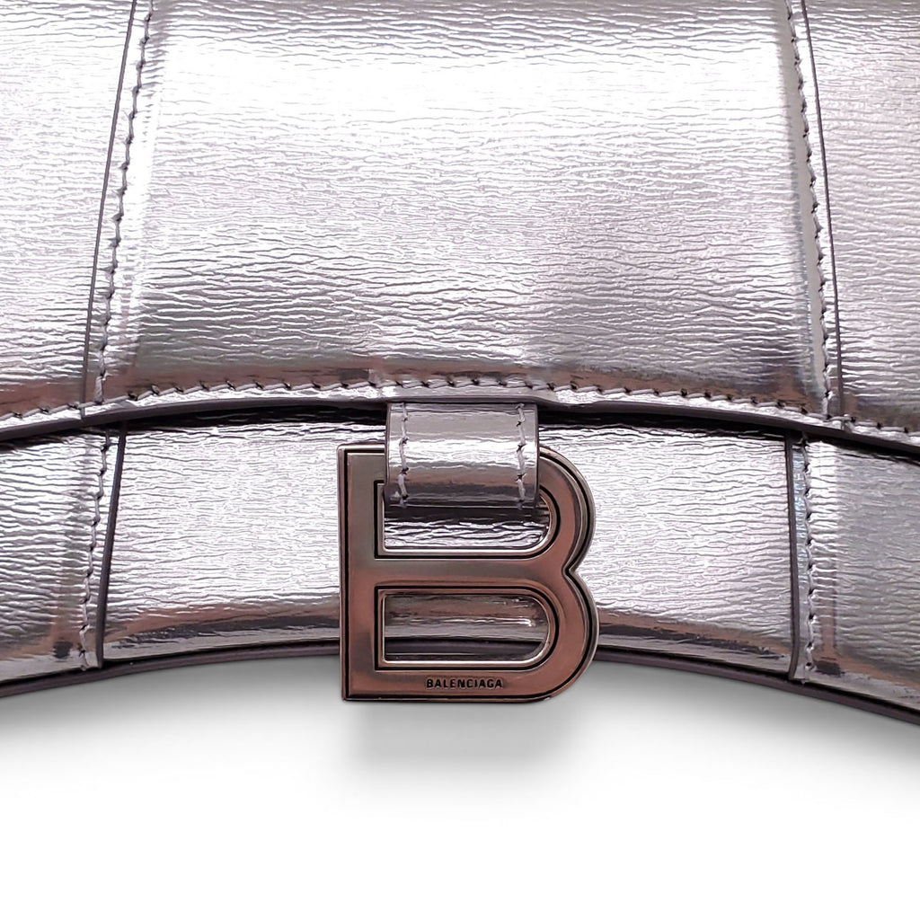 BALENCIAGA SILVER SMALL HOURGLASS TOP HANDLE BAG