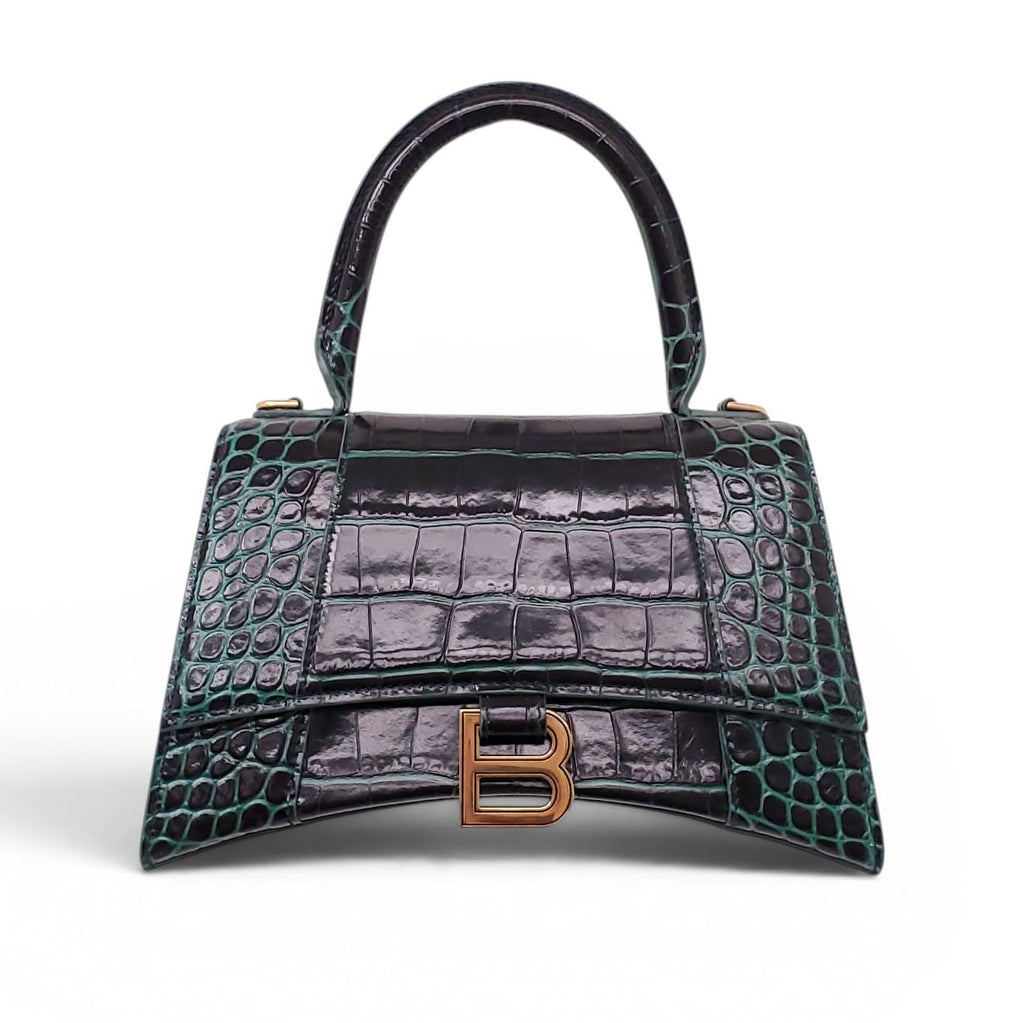 BALENCIAGA GREEN CROC HOURGLASS TOP HANDLE BAG