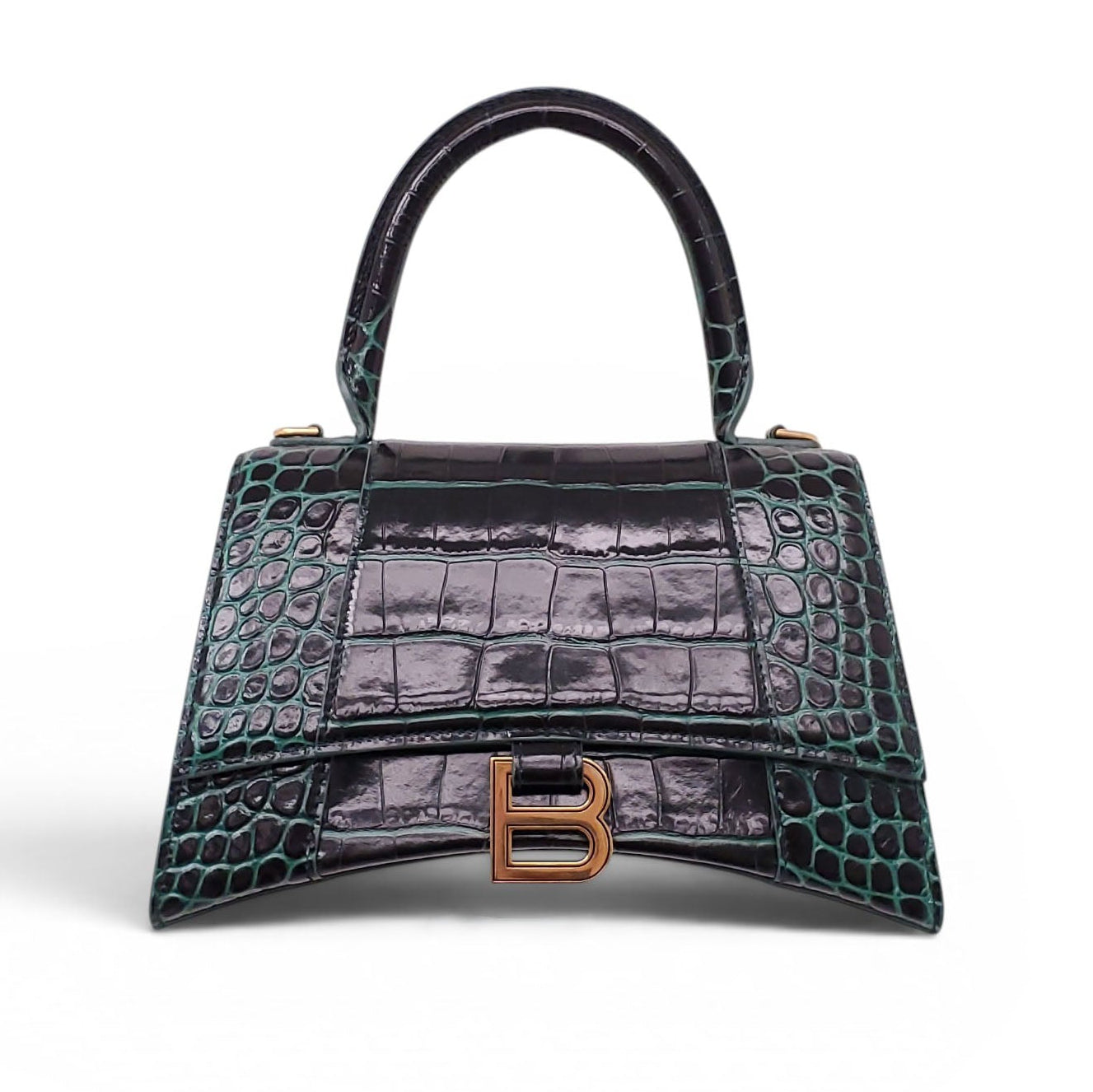 BALENCIAGA GREEN CROC HOURGLASS TOP HANDLE BAG