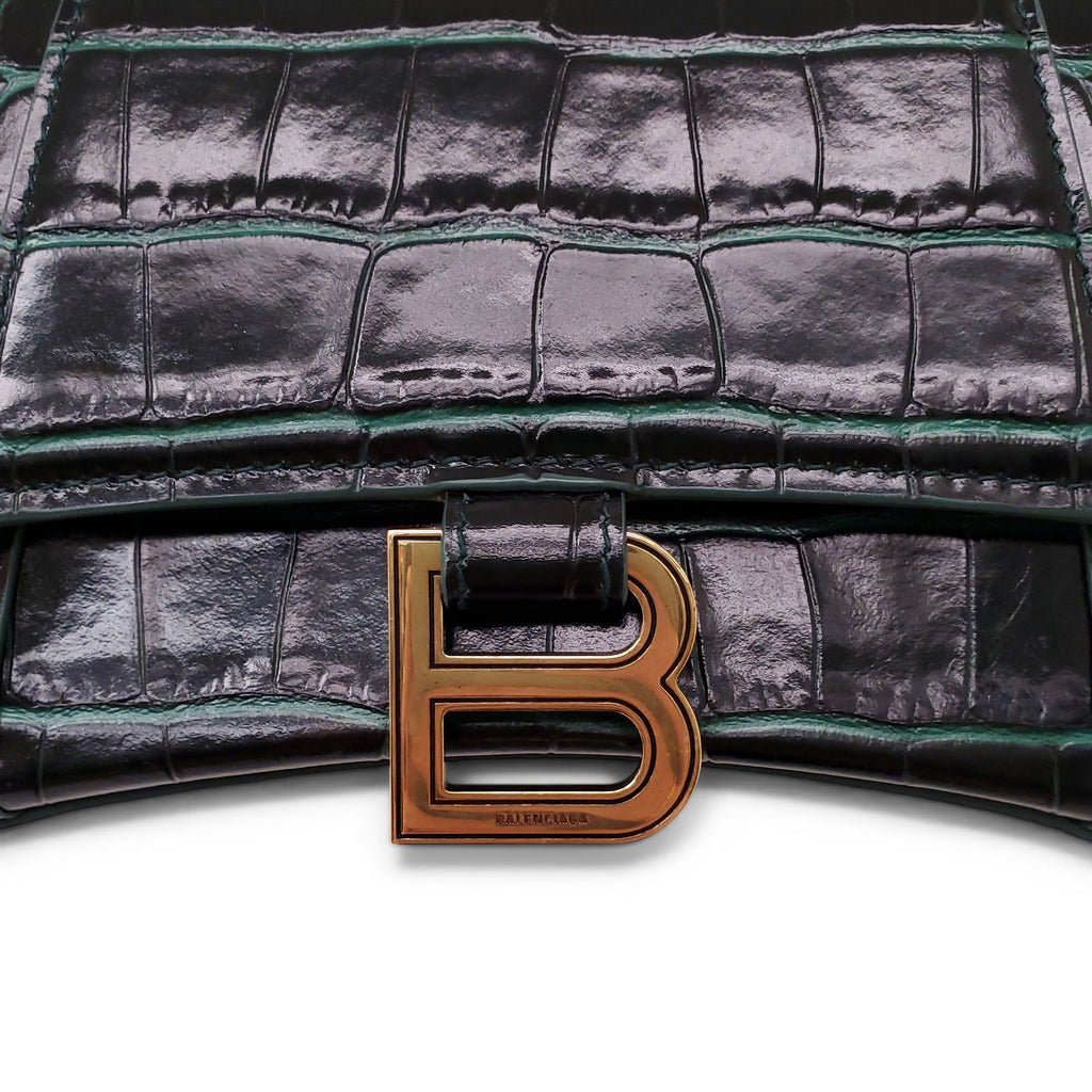 BALENCIAGA GREEN CROC HOURGLASS TOP HANDLE BAG