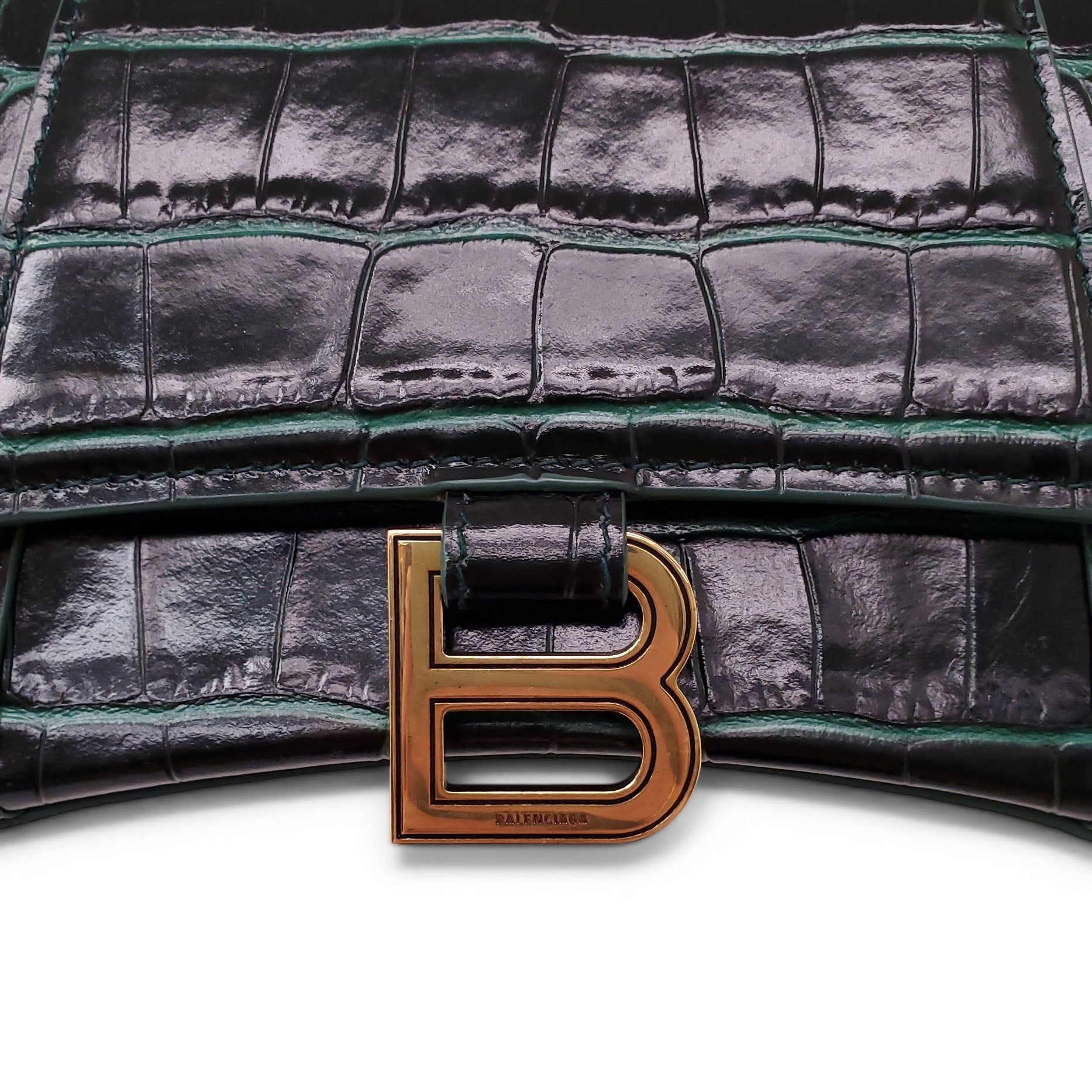 BALENCIAGA GREEN CROC HOURGLASS TOP HANDLE BAG