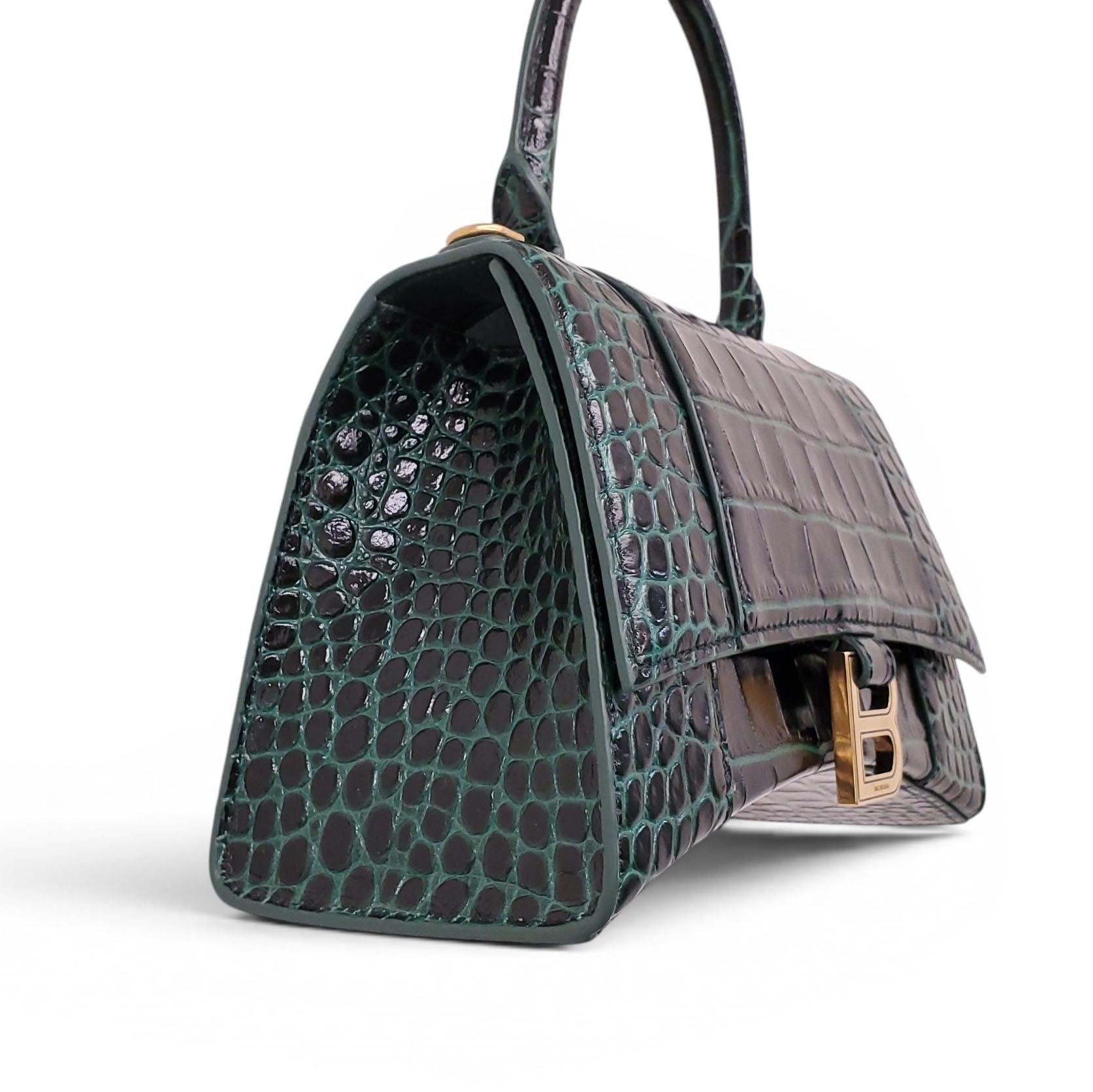 BALENCIAGA GREEN CROC HOURGLASS TOP HANDLE BAG