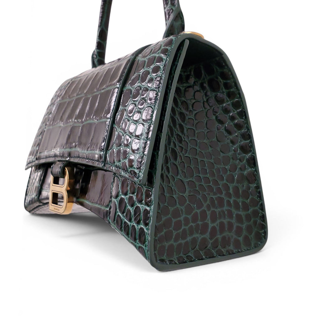BALENCIAGA GREEN CROC HOURGLASS TOP HANDLE BAG