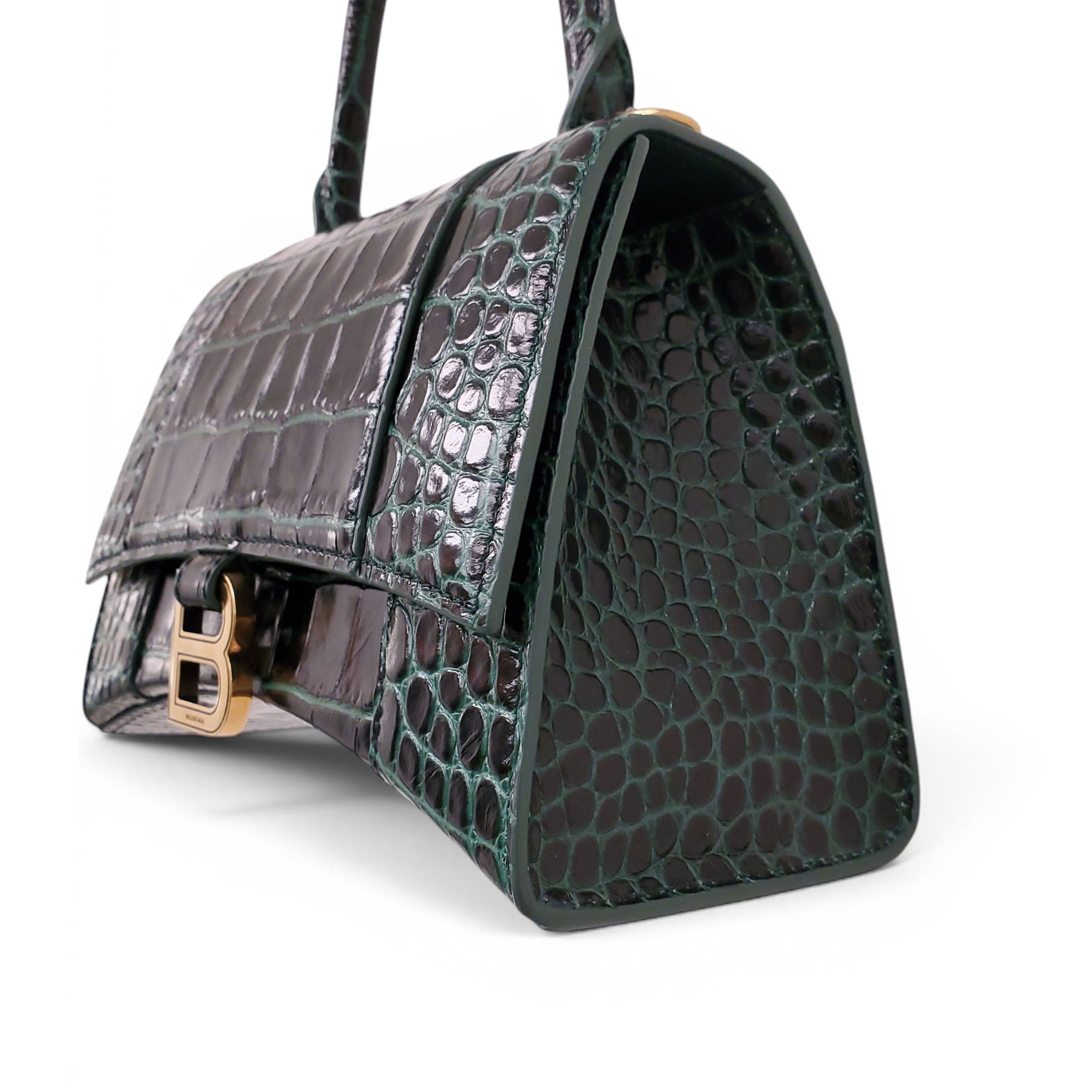 BALENCIAGA GREEN CROC HOURGLASS TOP HANDLE BAG