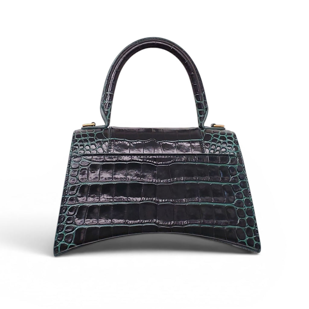 BALENCIAGA GREEN CROC HOURGLASS TOP HANDLE BAG