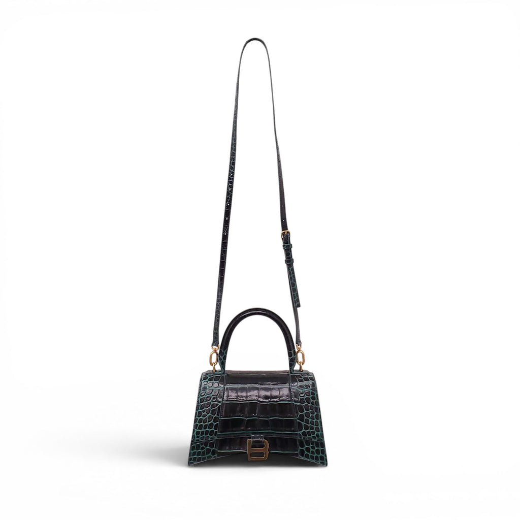 BALENCIAGA GREEN CROC HOURGLASS TOP HANDLE BAG