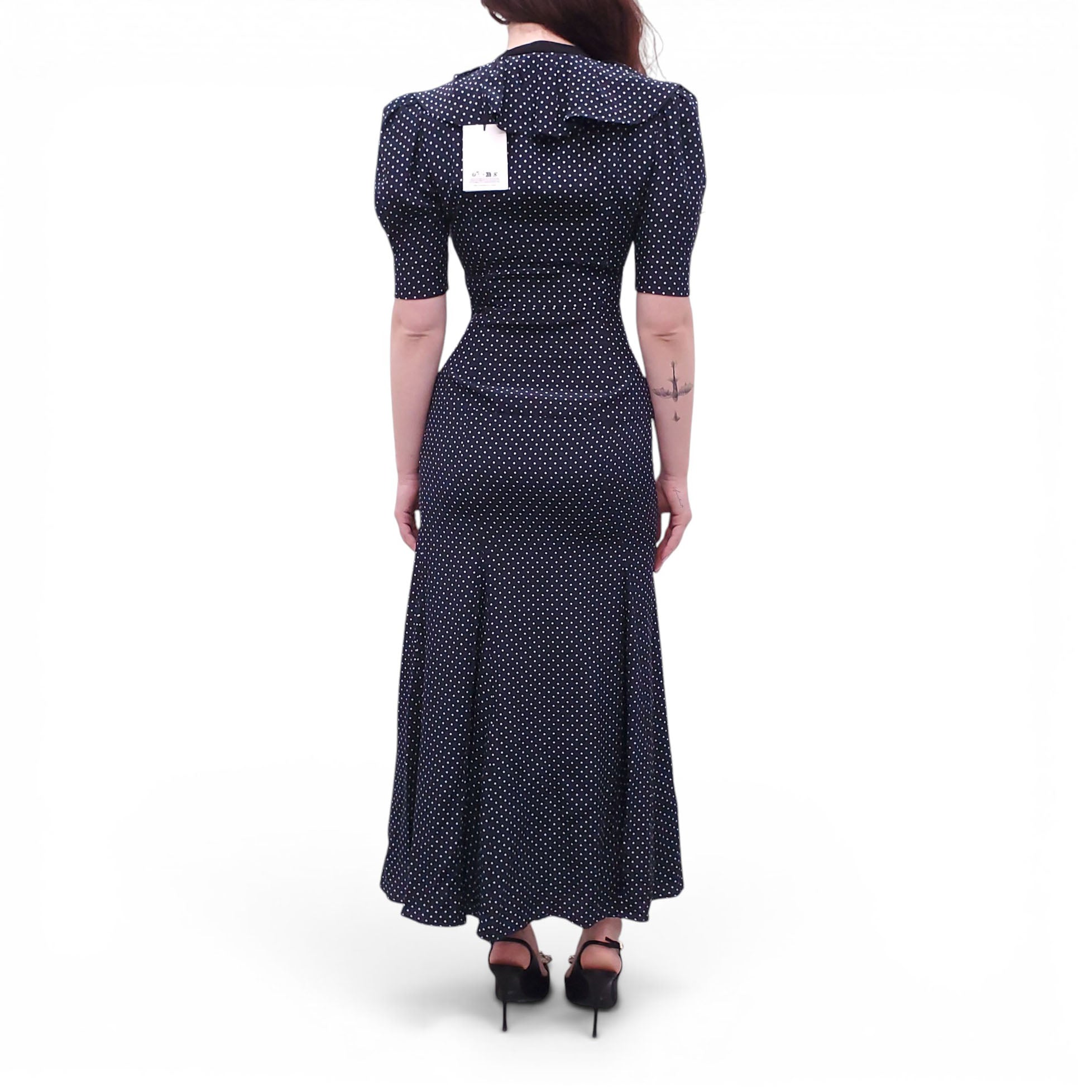 ALESSANDRA RICH NAVY POLKA DOT DRESS WITH GOLD PEARL BUTTONS