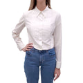 CHANEL WHITE TUXEDO BLOUSE WITH CC PEARL BUTTONS - SIZE 38