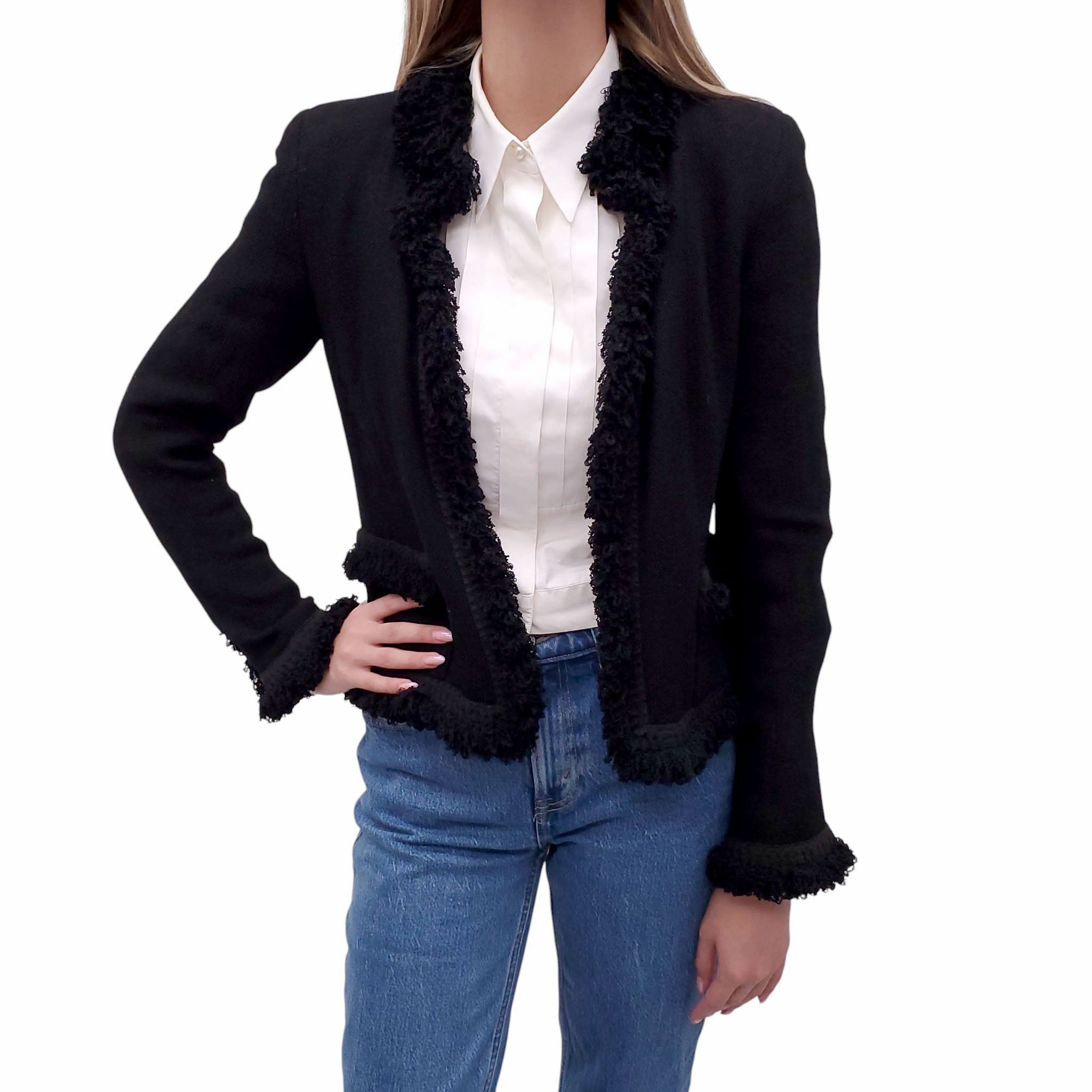 CHANEL BLACK TWEED SWEATER JACKET WITH FRINGE TRIM AND CAMÉLIA BUTTONS - SIZE 40