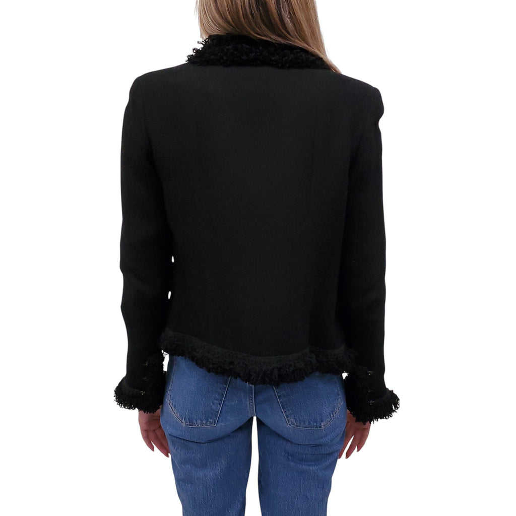 CHANEL BLACK TWEED SWEATER JACKET WITH FRINGE TRIM AND CAMÉLIA BUTTONS - SIZE 40