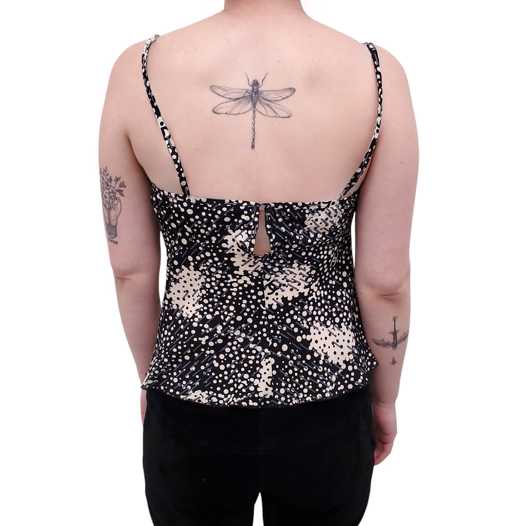 CHANEL BLACK, GREY AND WHITE SILK LOGO TANK TOP - SIZE 42
