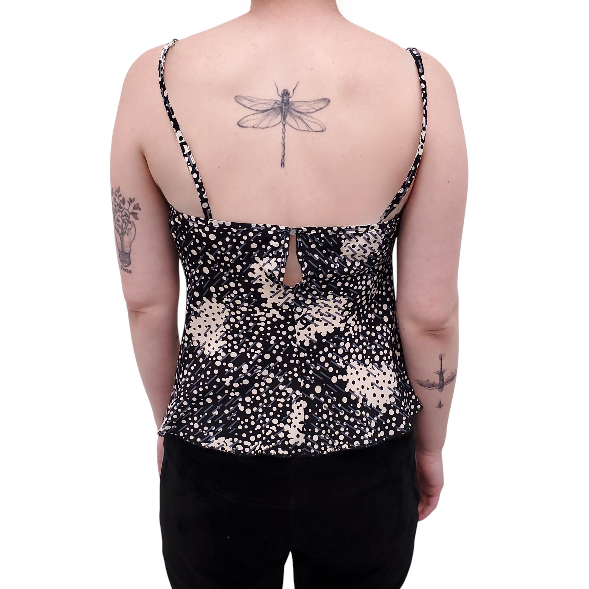 CHANEL BLACK, GREY AND WHITE SILK LOGO TANK TOP - SIZE 42
