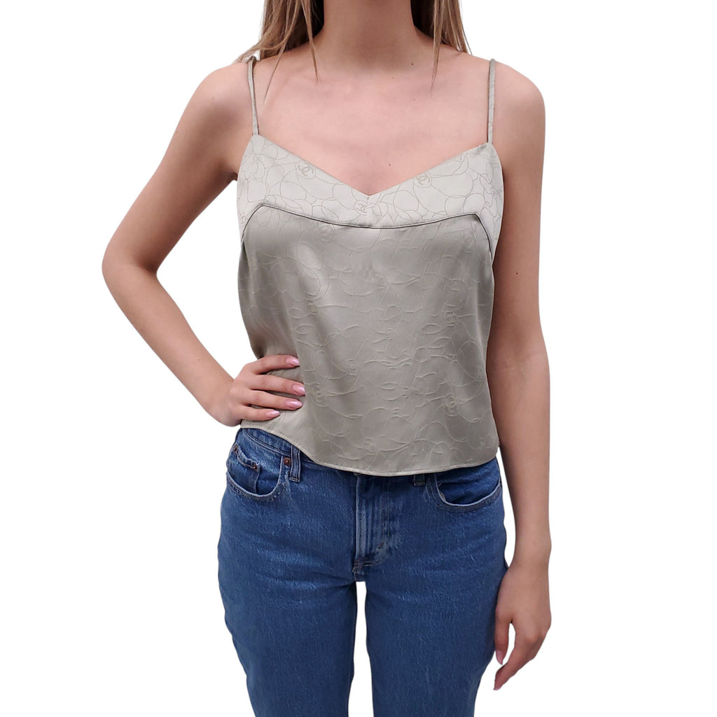 CHANEL SEAFOAM GREEN SILK LOGO TANK TOP - SIZE 42