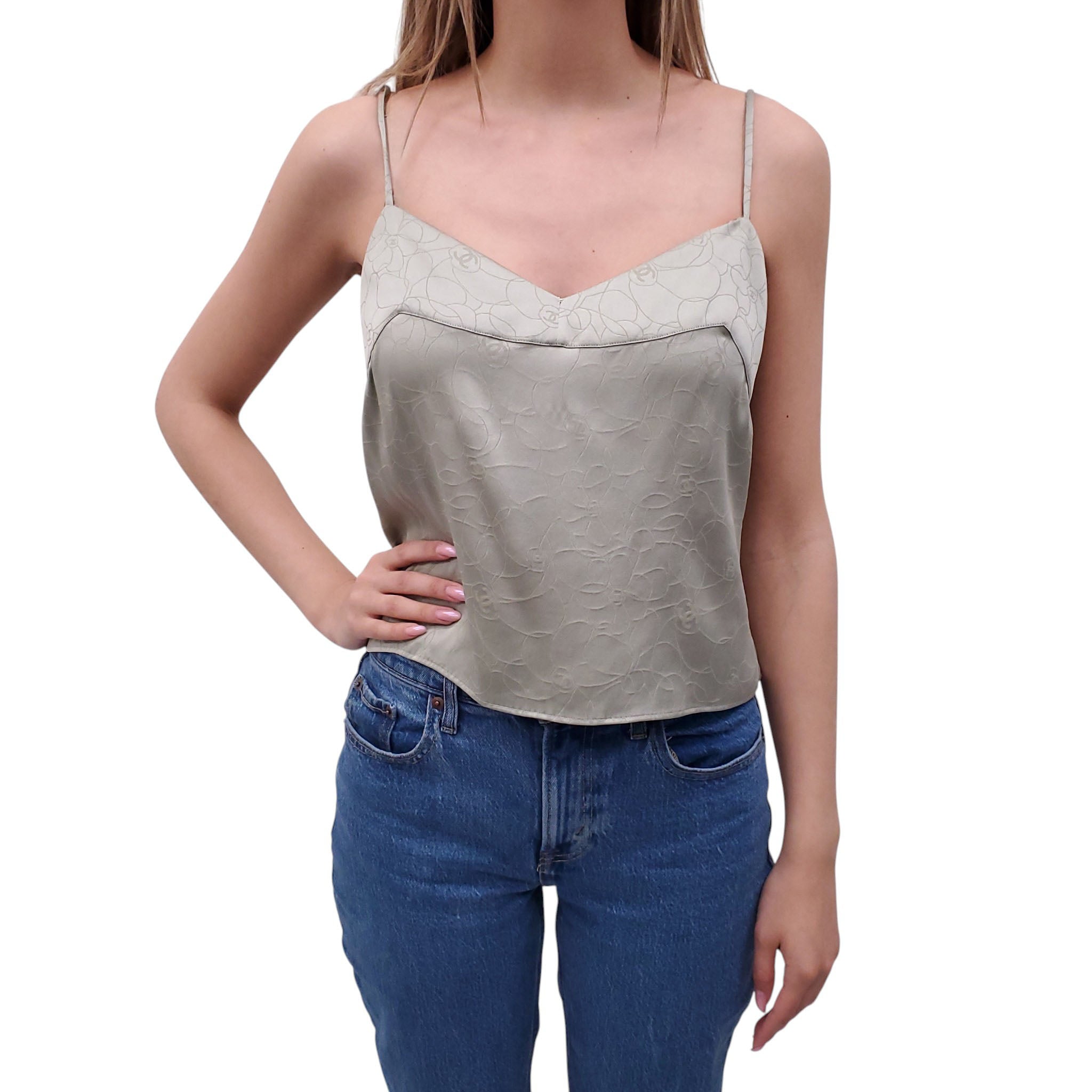 CHANEL SEAFOAM GREEN SILK LOGO TANK TOP - SIZE 42