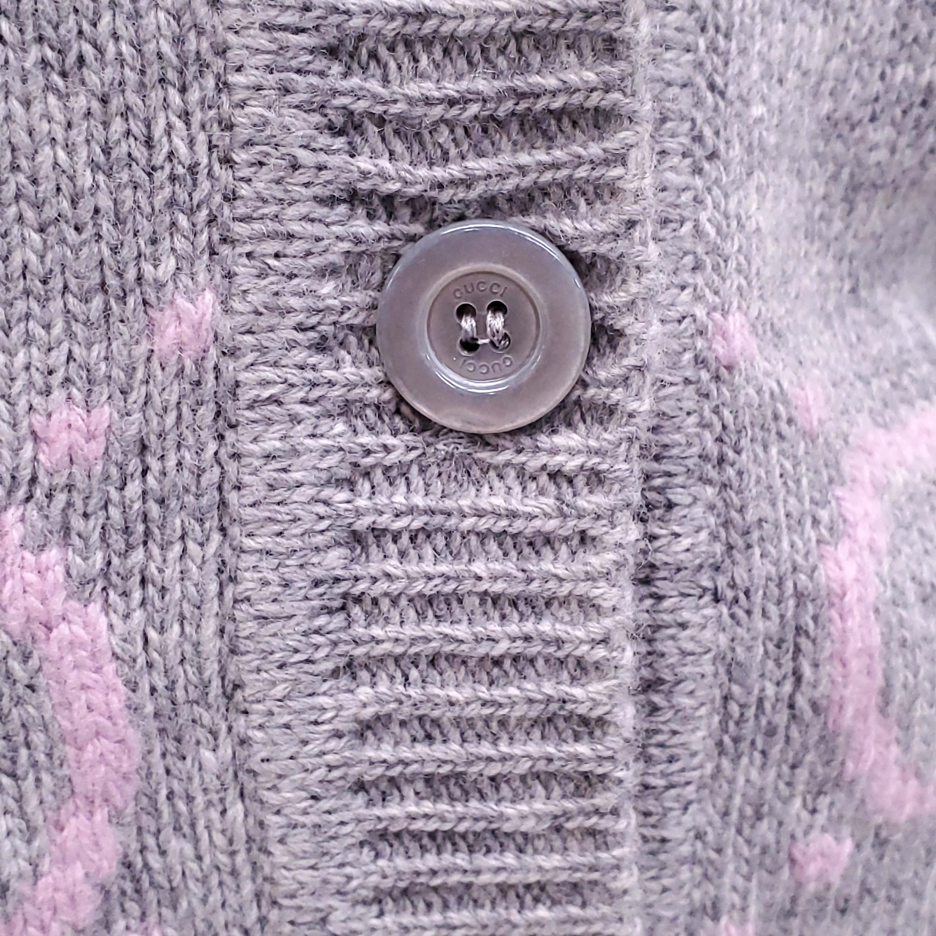 GUCCI GREY AND PINK WOOL LOGO CARDIGAN - SIZE XS