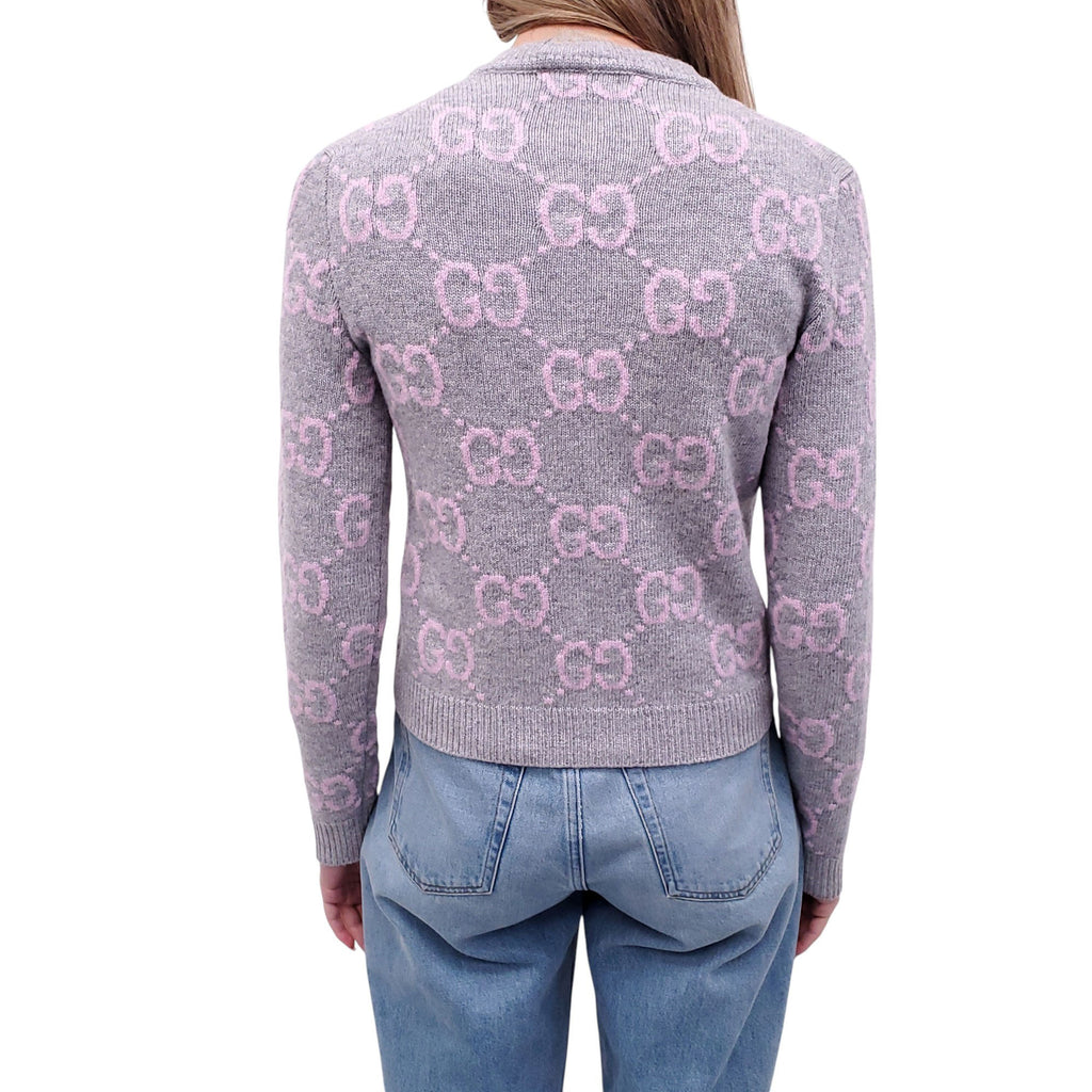 GUCCI GREY AND PINK WOOL LOGO CARDIGAN - SIZE XS