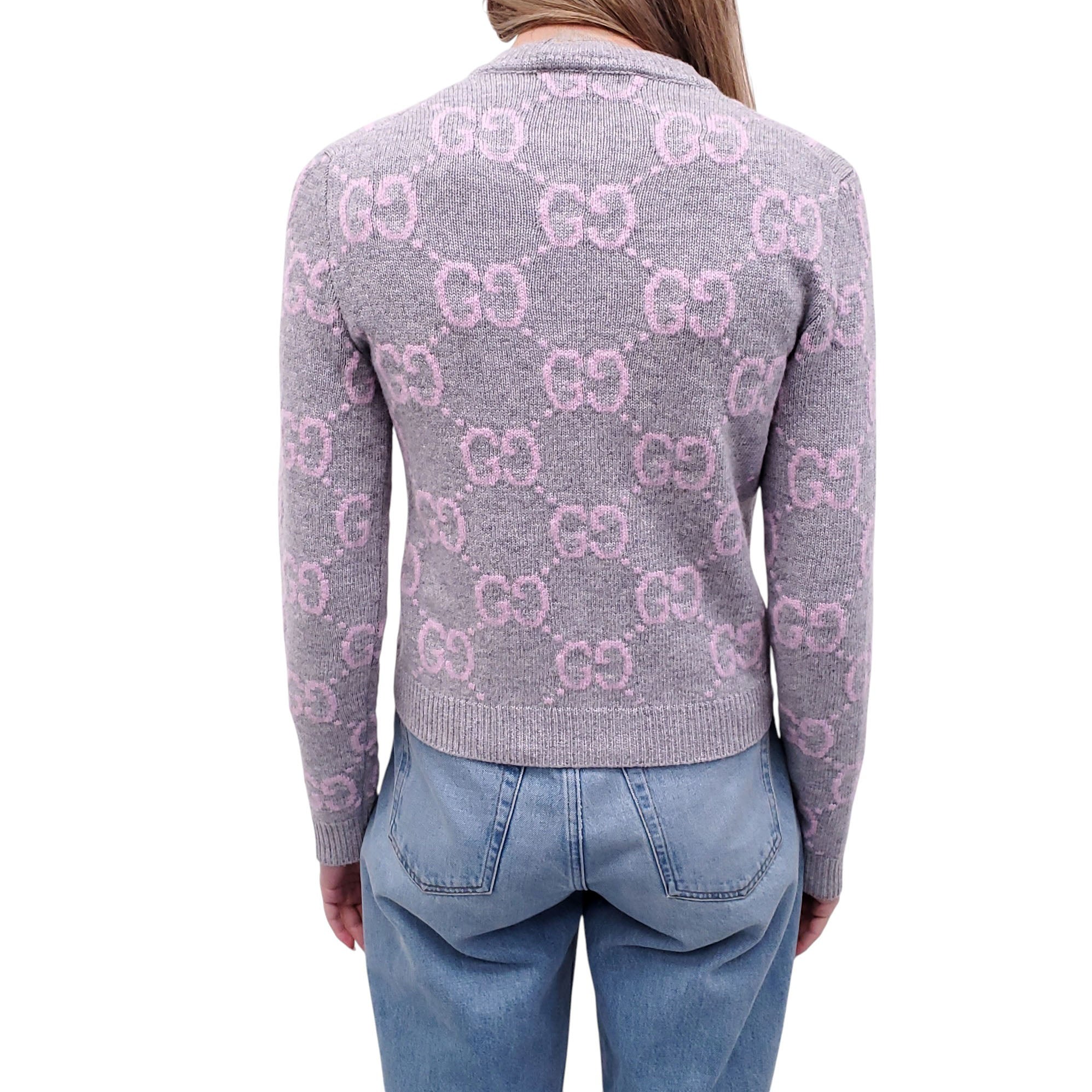 GUCCI GREY AND PINK WOOL LOGO CARDIGAN - SIZE XS