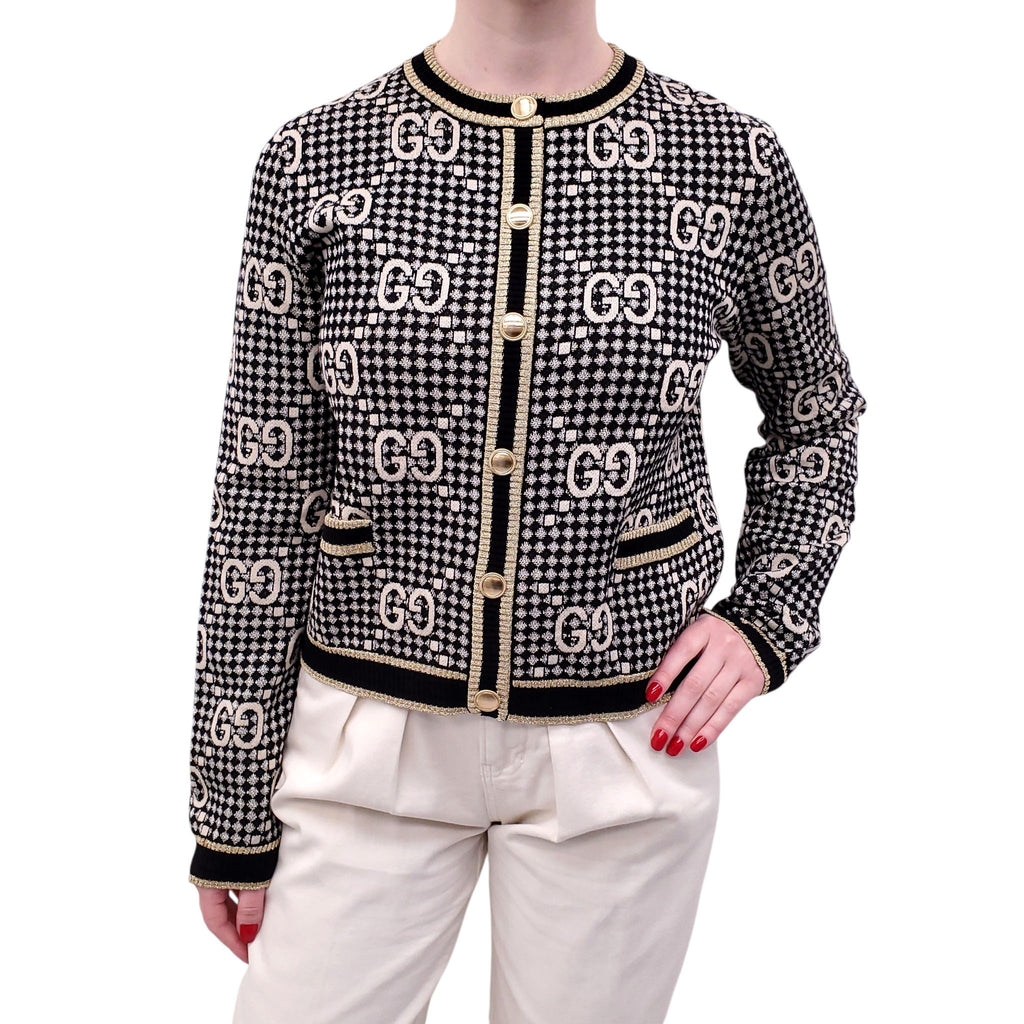 GUCCI GOLD AND BLACK METALLIC MONOGRAM CARDIGAN - SIZE M