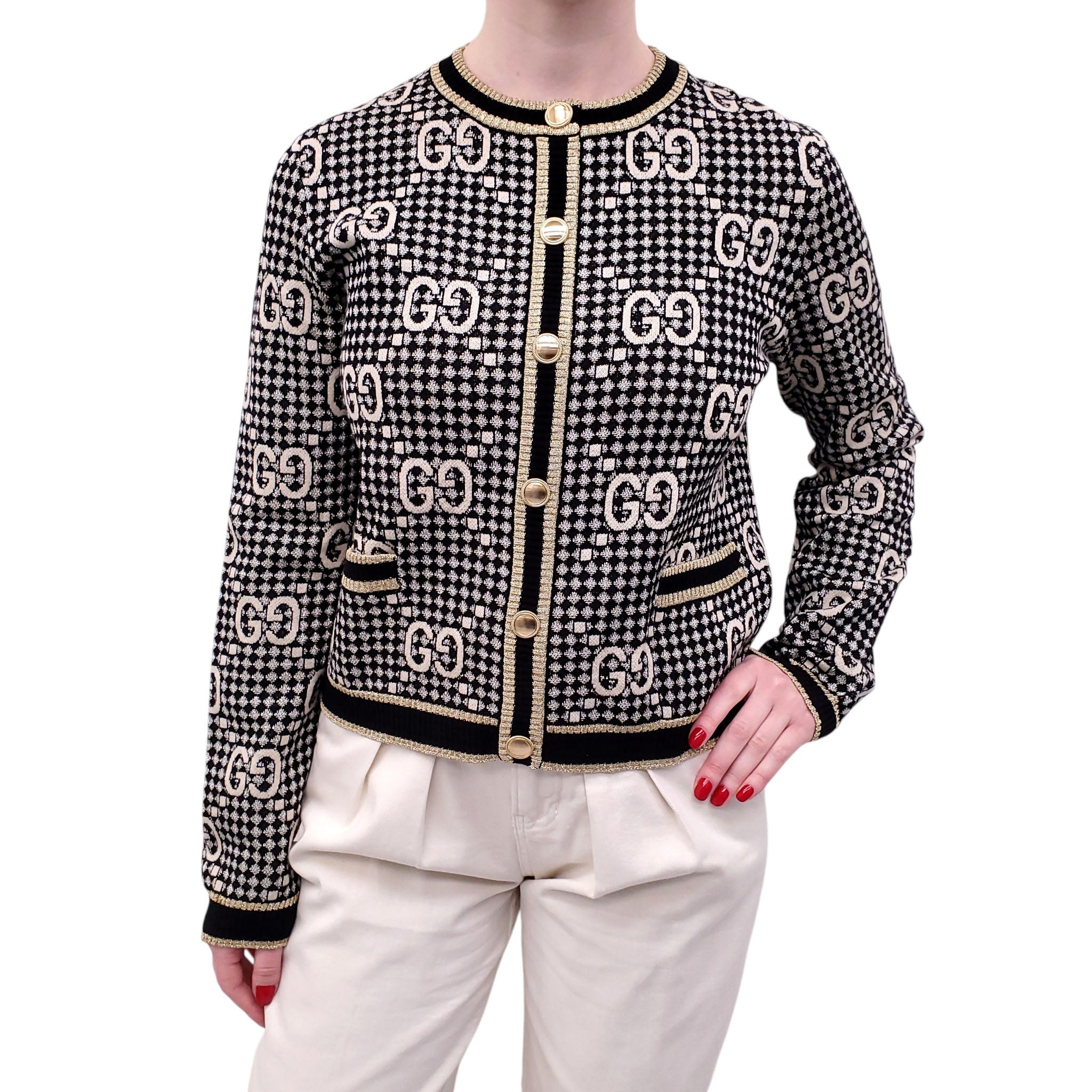 GUCCI GOLD AND BLACK METALLIC MONOGRAM CARDIGAN - SIZE M