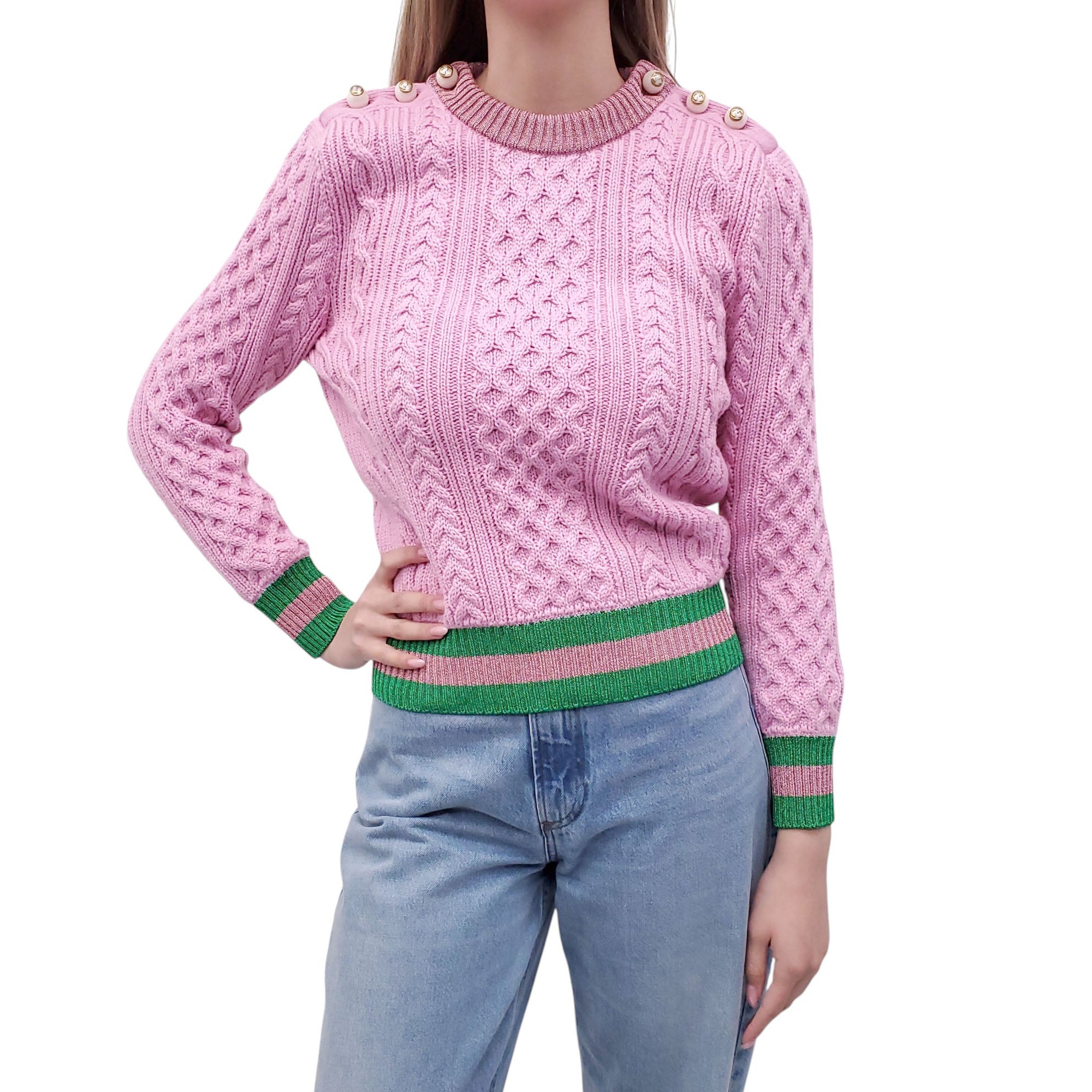 GUCCI PINK CABLEKNIT SWEATER WITH PEARL LOGO BUTTONS- SIZE L