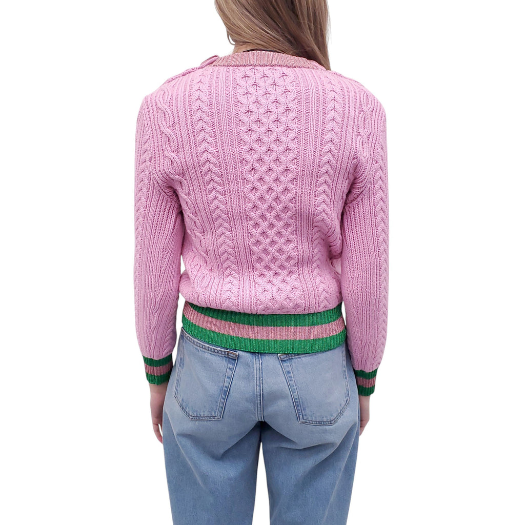 GUCCI PINK CABLEKNIT SWEATER WITH PEARL LOGO BUTTONS- SIZE L