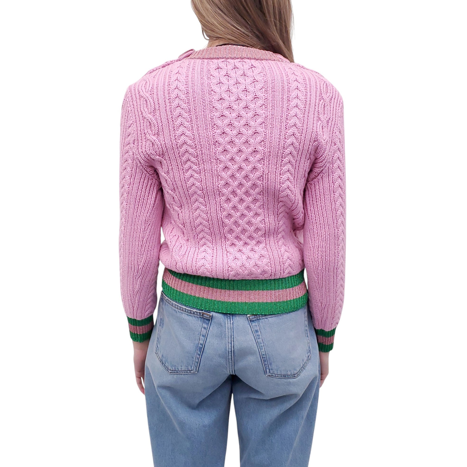GUCCI PINK CABLEKNIT SWEATER WITH PEARL LOGO BUTTONS- SIZE L
