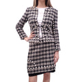 CHANEL CREAM AND BLACK METALLIC TWEED SUIT WITH STUDDED DETAIL - SIZE 38/40