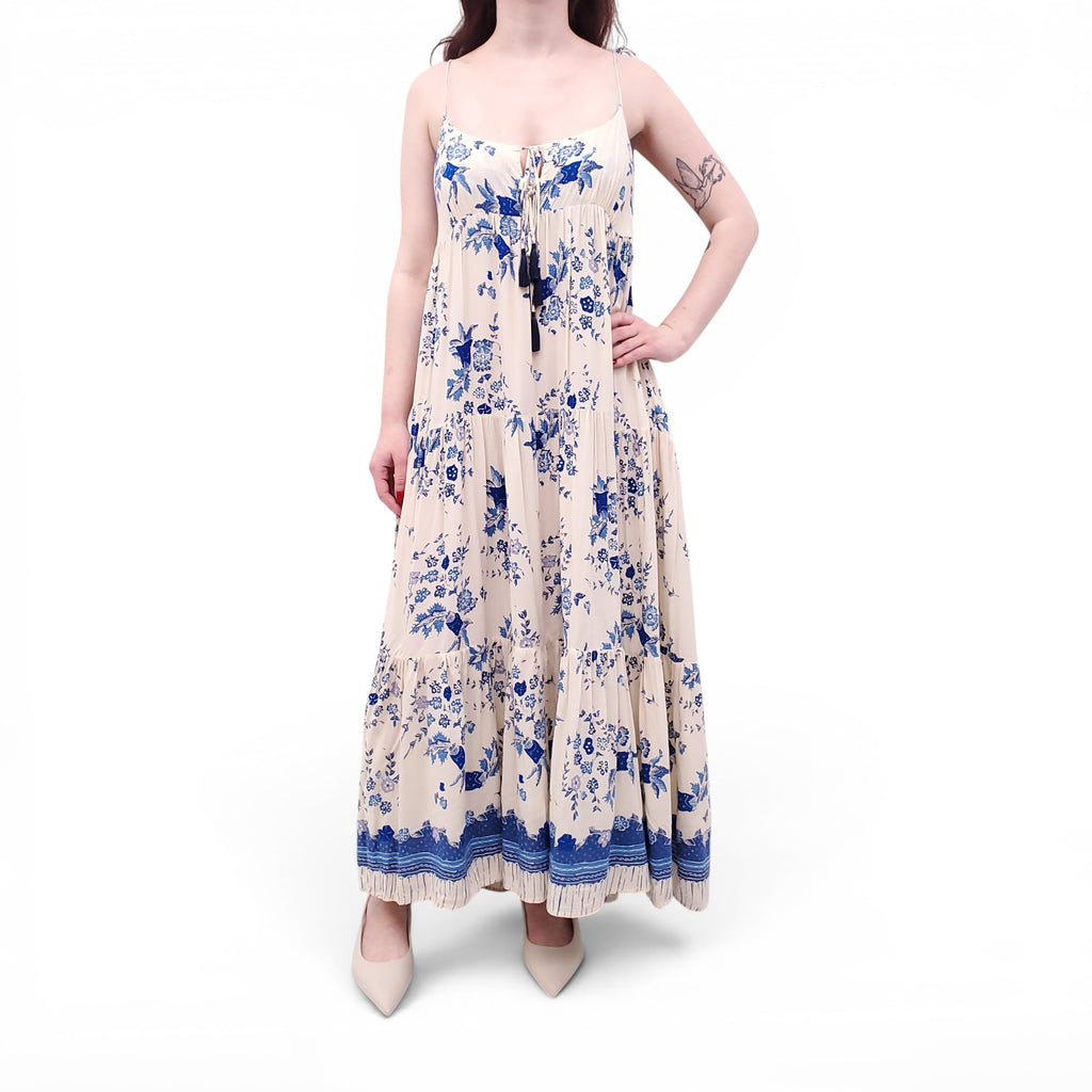 NATALIE MARTIN CREAM AND BLUE FLORAL MAXI DRESS - SIZE S