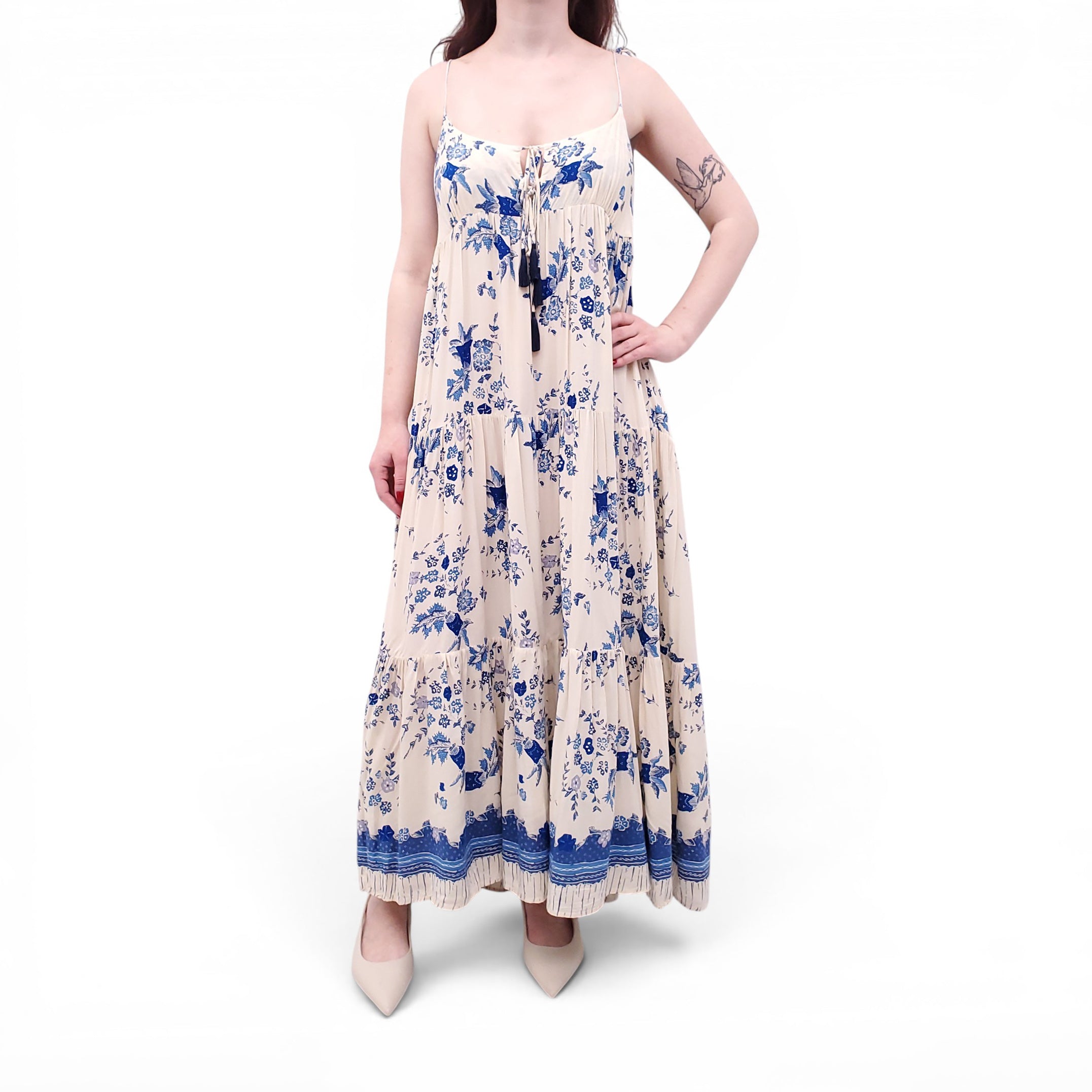 NATALIE MARTIN CREAM AND BLUE FLORAL MAXI DRESS - SIZE S