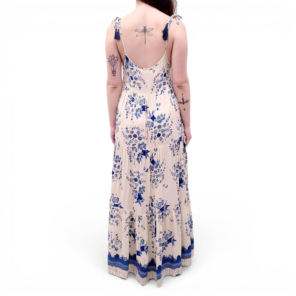 NATALIE MARTIN CREAM AND BLUE FLORAL MAXI DRESS - SIZE S