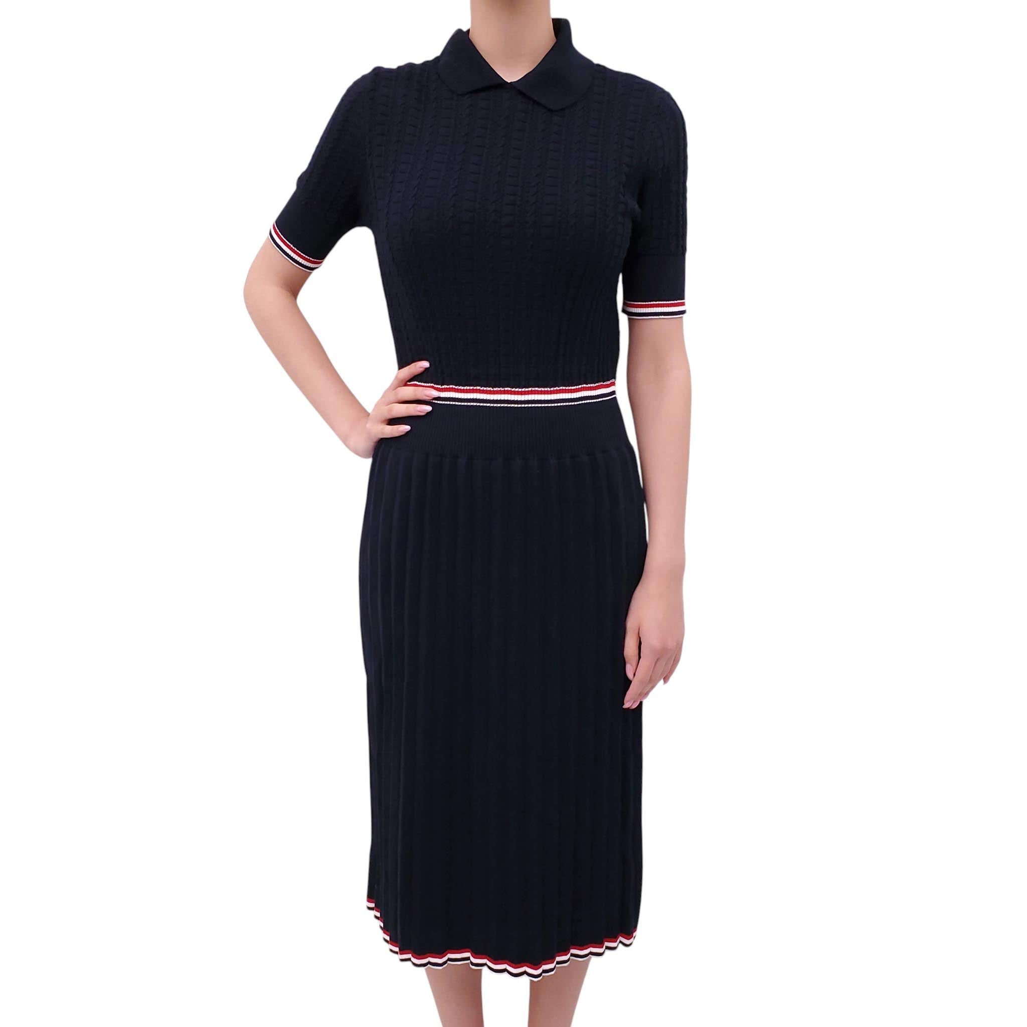 THOM BROWNE NAVY PLEATED POLO DRESS WITH RIBBON STRIPE DETAILS - SIZE Rewind Couture THOM BROWNE NAVY PLEATED POLO DRESS WITH RIBBON STRIPE DETAILS - SIZE Rewind Couture