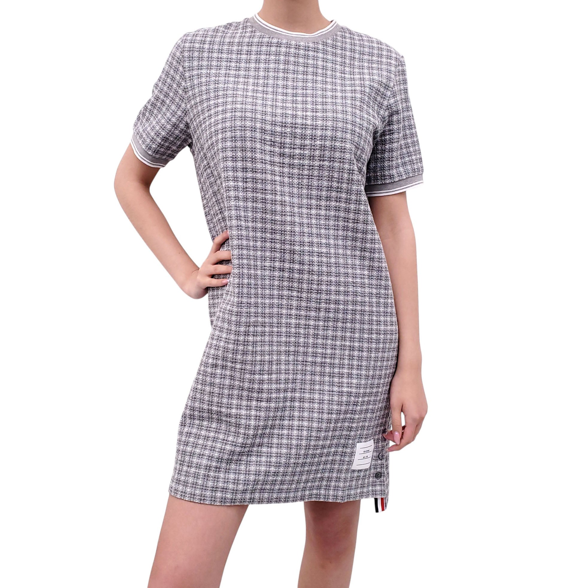 THOM BROWNE GREY COTTON TWEED SHORT-SLEEVE DRESS