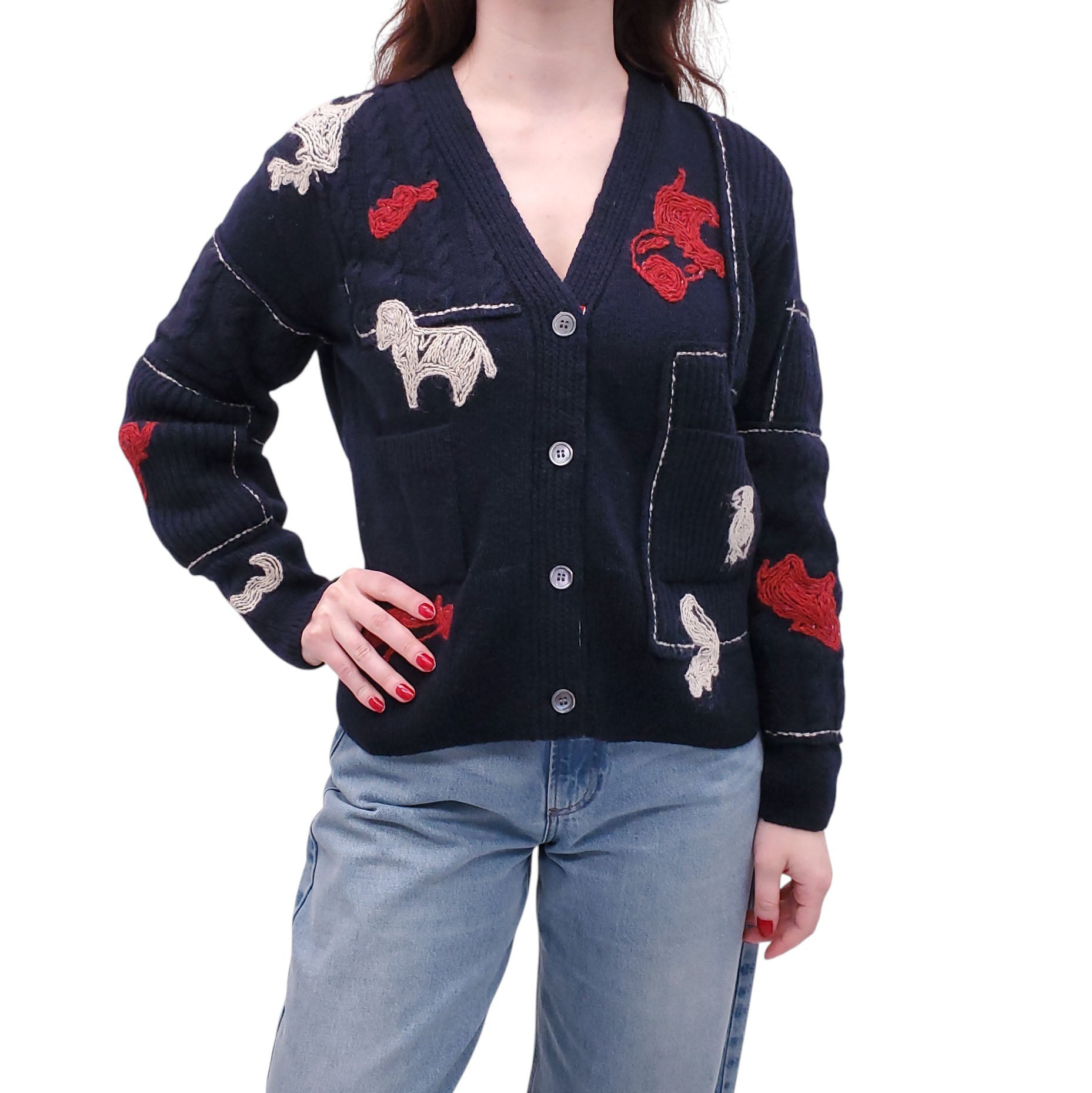 THOM BROWNE NAVY MOHAIR TWEED EMBROIDERED CARDIGAN - SIZE 38