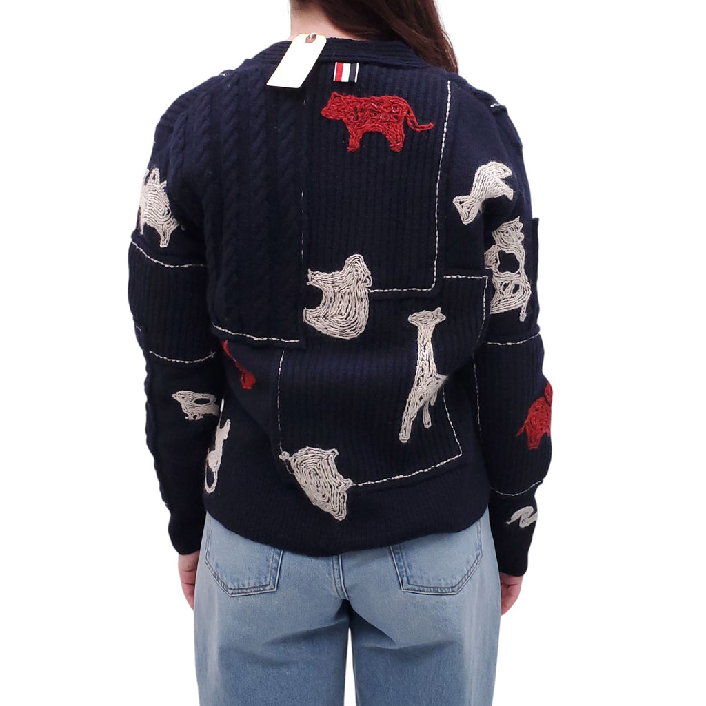 THOM BROWNE NAVY MOHAIR TWEED EMBROIDERED CARDIGAN - SIZE 38