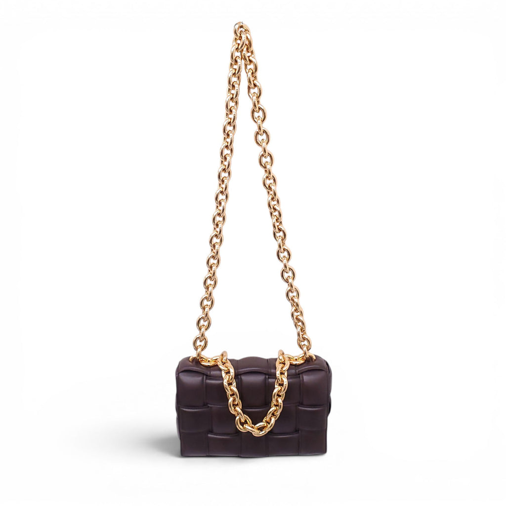 BOTTEGA VENETA BROWN LEATHER PADDED CASSETTE BAG WITH GOLD CHAIN
