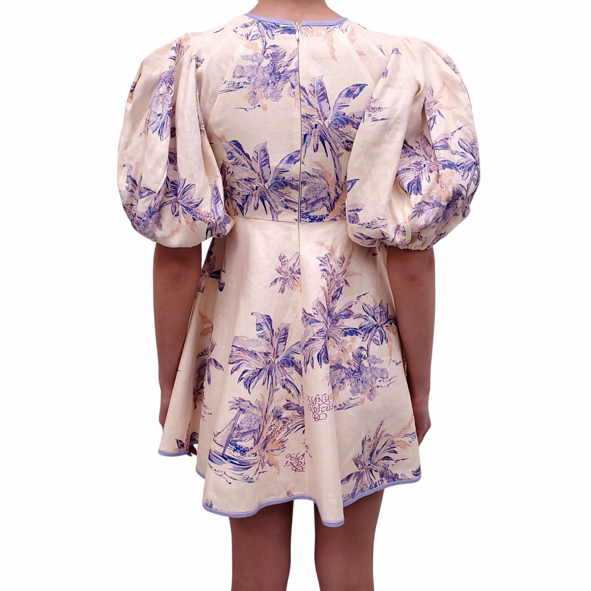 ZIMMERMANN PURPLE PALM TOILE 'LINEN DAY' MINI DRESS WITH PUFF SLEEVES
