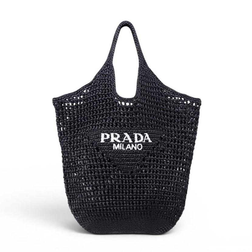 PRADA BLACK RAFFIA CROCHET LOGO TOTE BAG