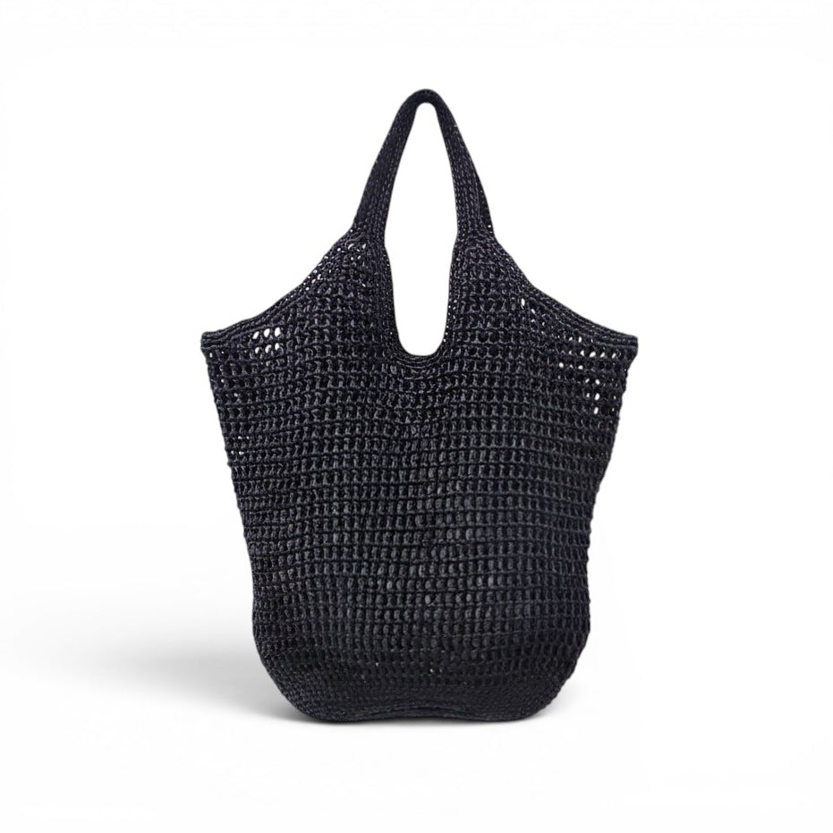 PRADA BLACK RAFFIA CROCHET LOGO TOTE BAG