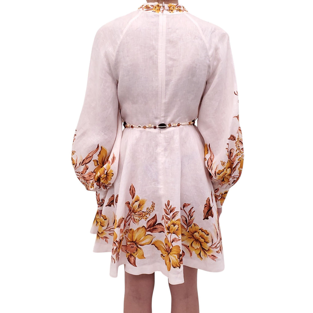ZIMMERMANN GOLDEN FLORAL 'VACAY' BUTTON-UP MINI DRESS WITH BEADED TIE BELT - SIZE 2 (US 8)