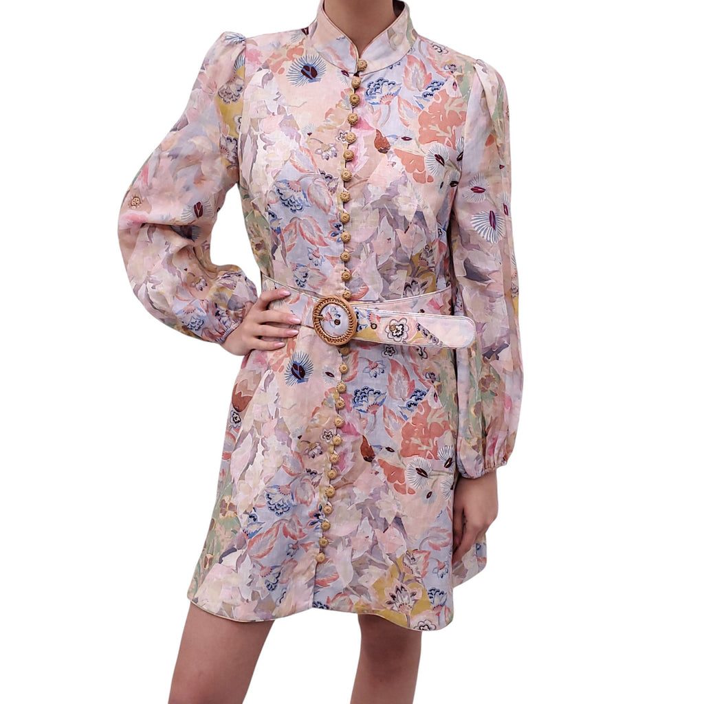 ZIMMERMANN PASTEL FLORAL PATTERNED DRESS WITH BELT - SIZE 3 (US 10)