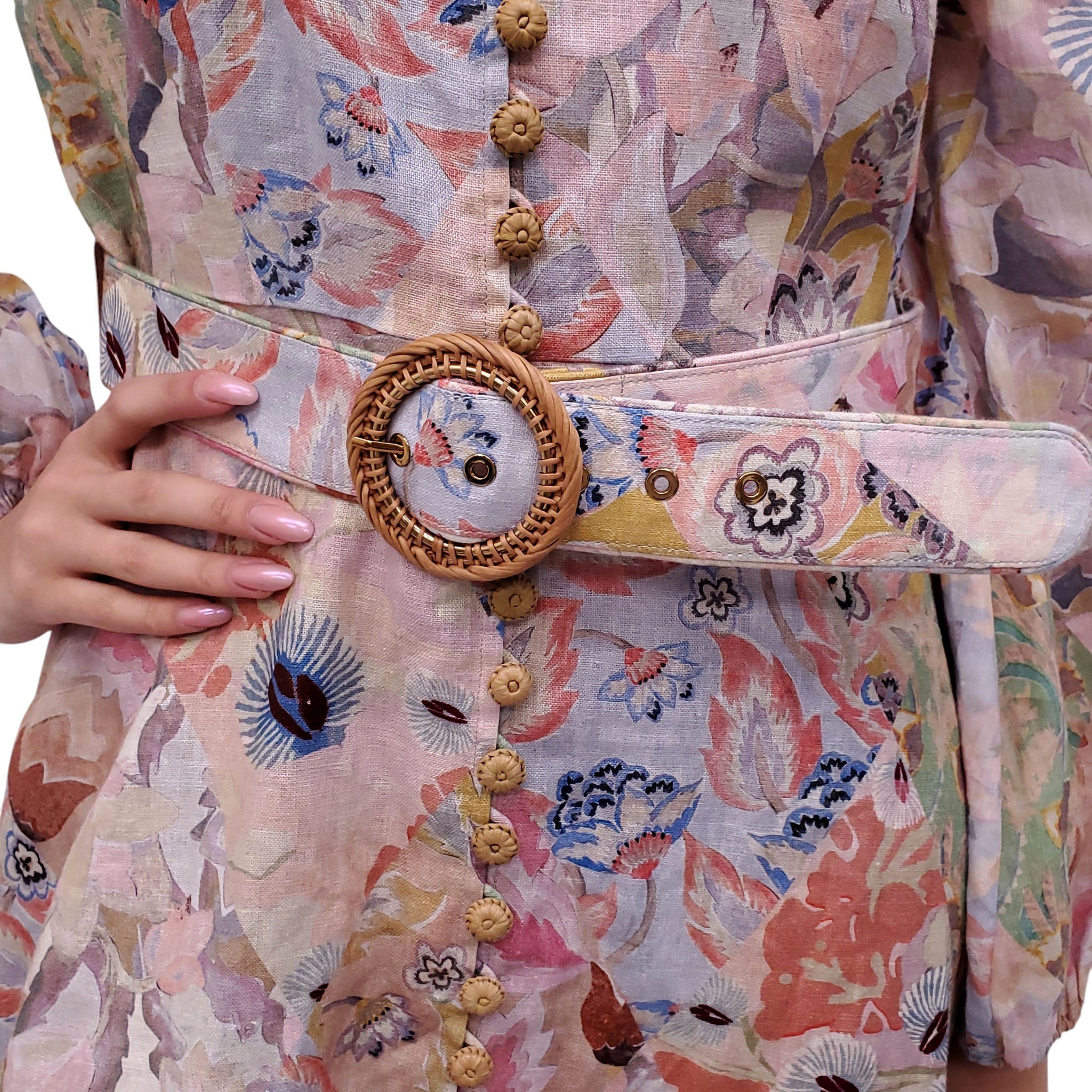ZIMMERMANN PASTEL FLORAL PATTERNED DRESS WITH BELT - SIZE 3 (US 10)