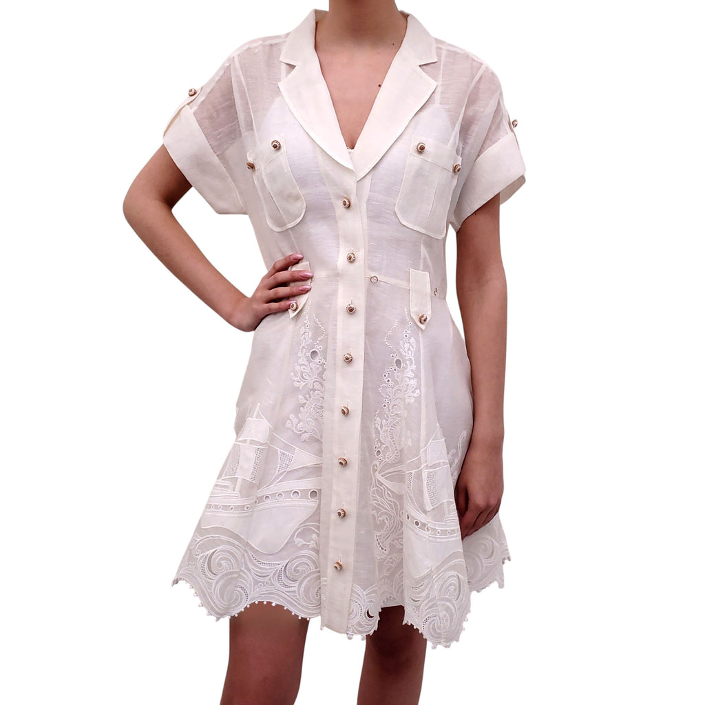 ZIMMERMANN CREAM SHEER DRESS WITH WHITE EMBROIDERED DETAILS - SIZE 3 (US 10)
