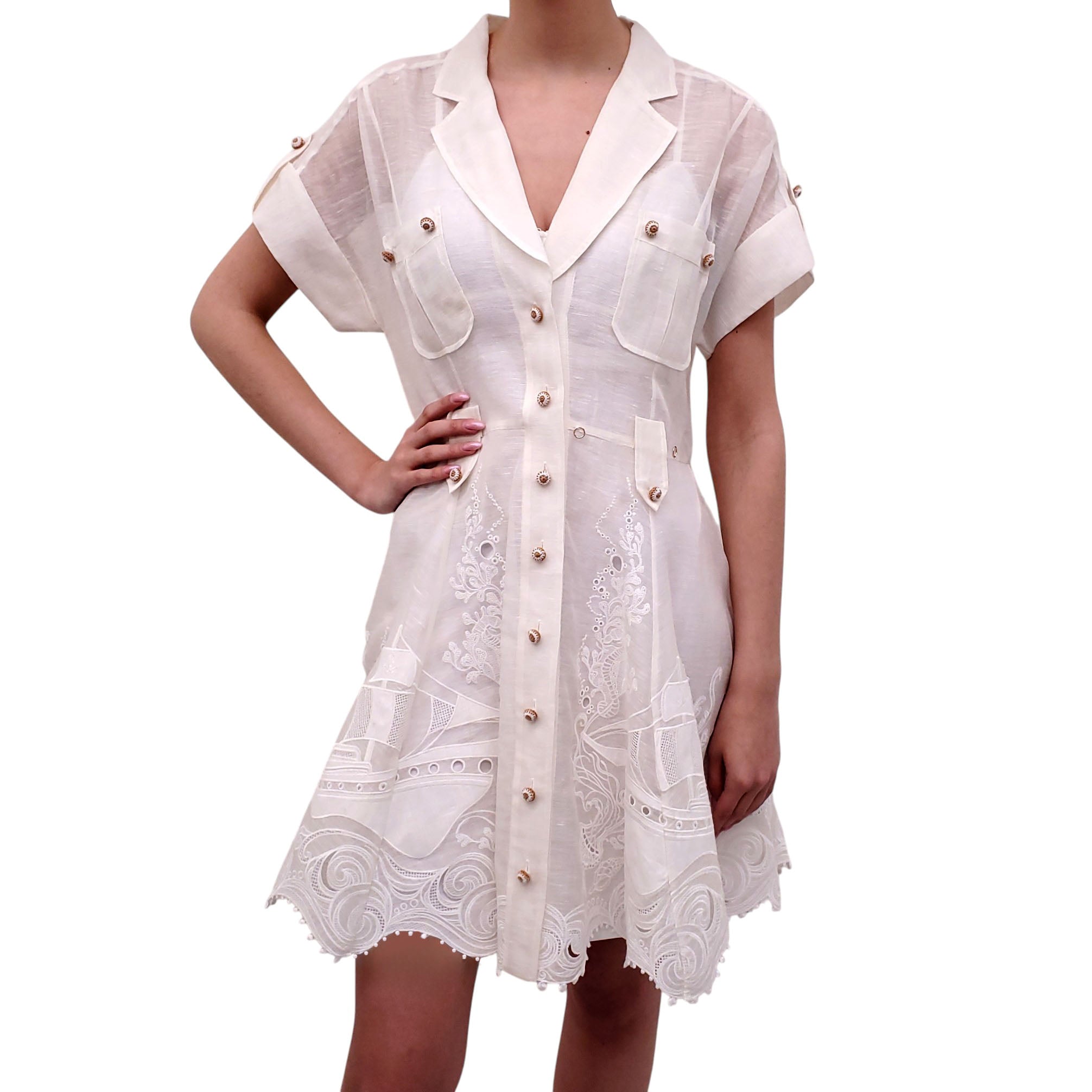 ZIMMERMANN CREAM SHEER DRESS WITH WHITE EMBROIDERED DETAILS - SIZE 3 (US 10)