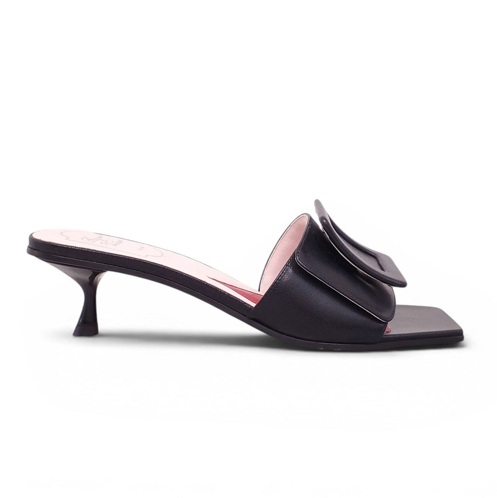ROGER VIVIER BLACK LEATHER BUCKLE MULES - SIZE 38.5