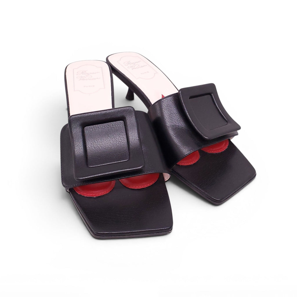 ROGER VIVIER BLACK LEATHER BUCKLE MULES - SIZE 38.5