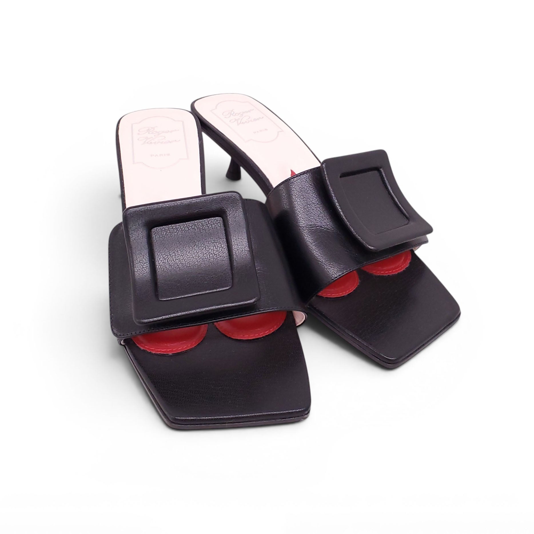 ROGER VIVIER BLACK LEATHER BUCKLE MULES - SIZE 38.5