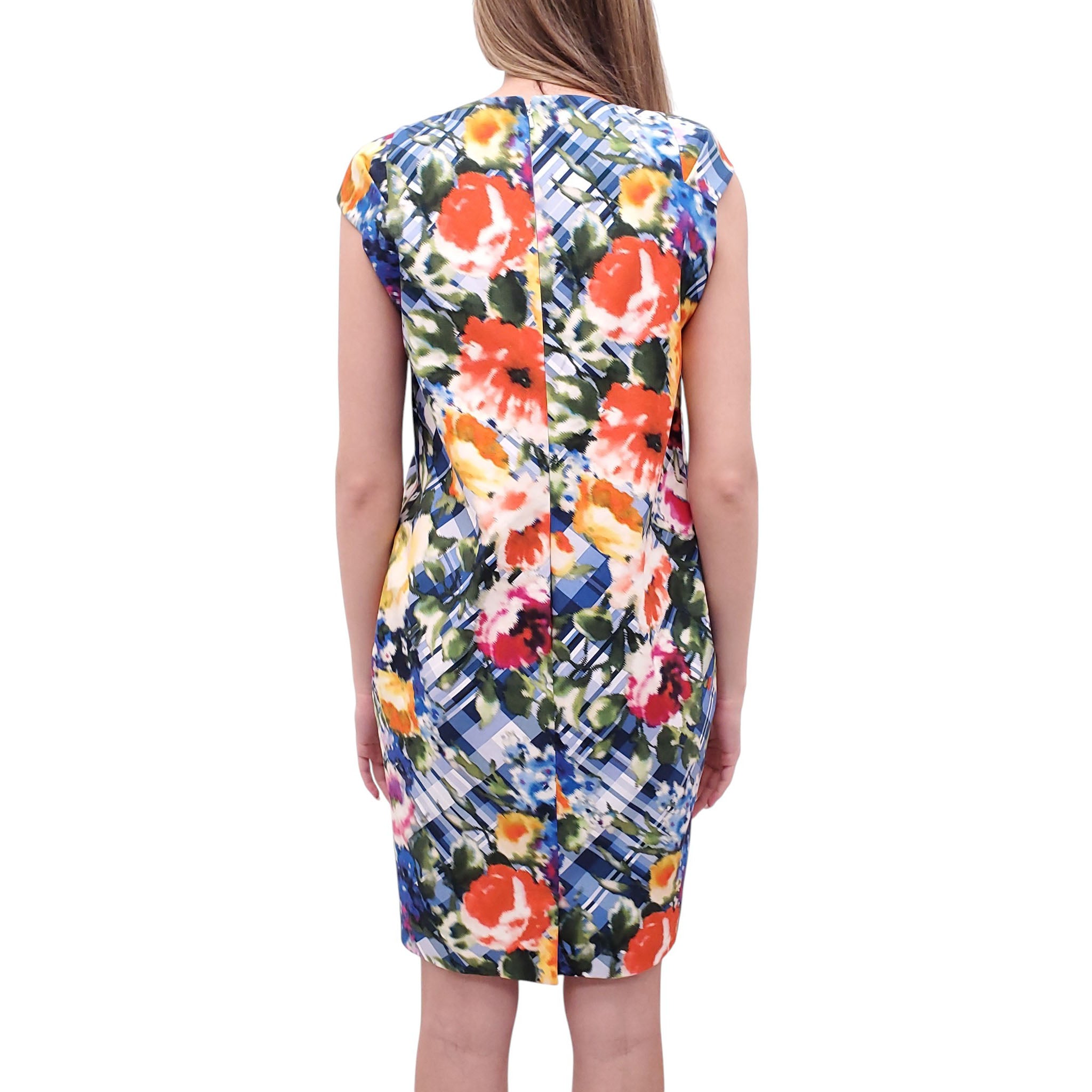 OSCAR DE LA RENTA BLUE CHECKERED FLORAL DRESS - SIZE 10 Rewind Couture OSCAR DE LA RENTA BLUE CHECKERED FLORAL DRESS - SIZE 10 Rewind Couture