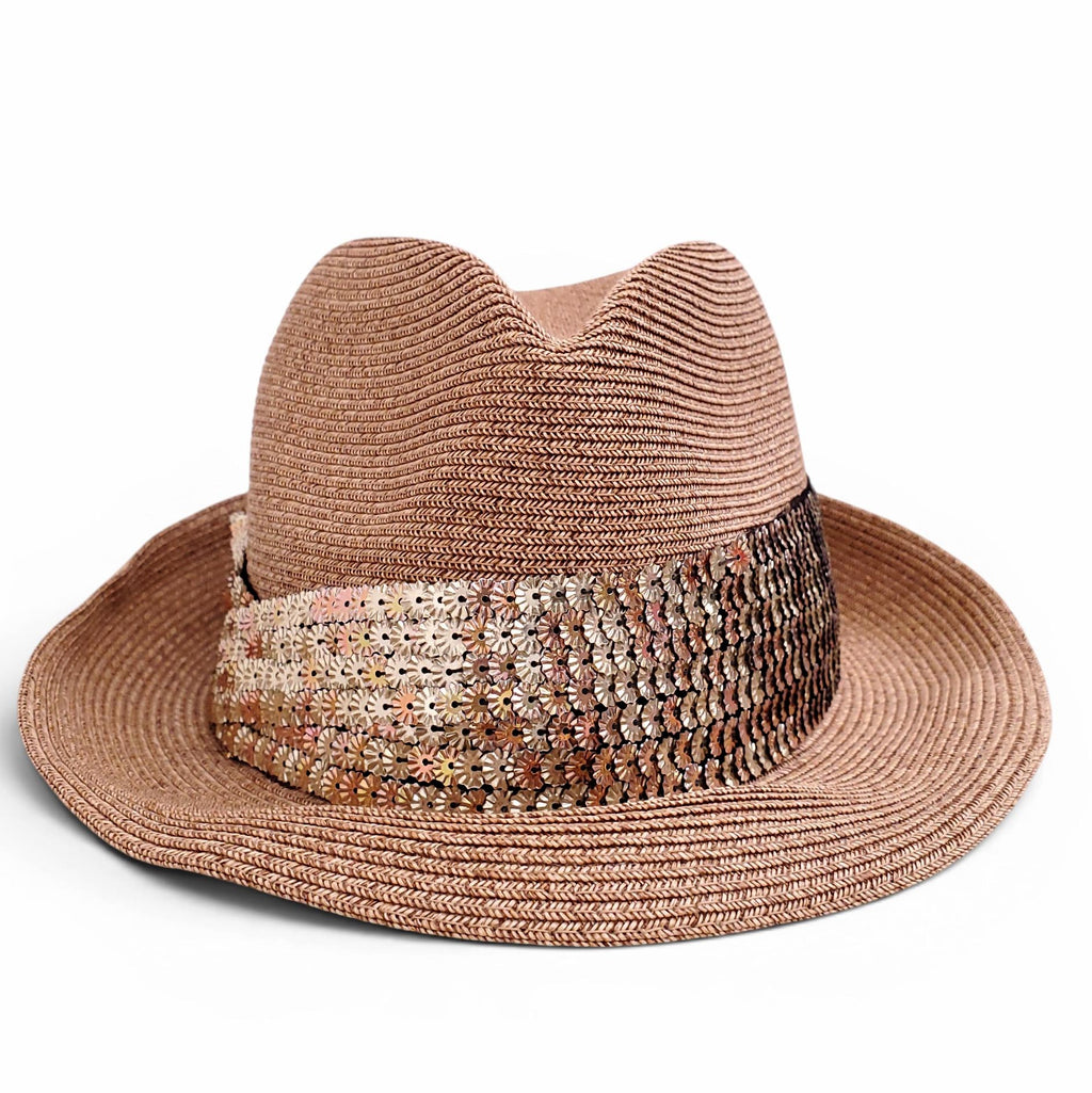 EUGENIA KIM RAFFIA HAT WITH BEADED FLOWER CHARM WRAP