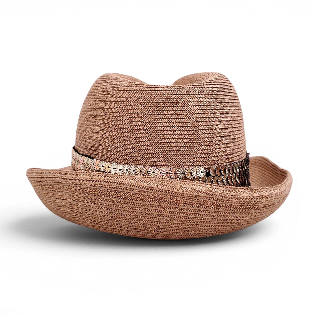 EUGENIA KIM RAFFIA HAT WITH BEADED FLOWER CHARM WRAP