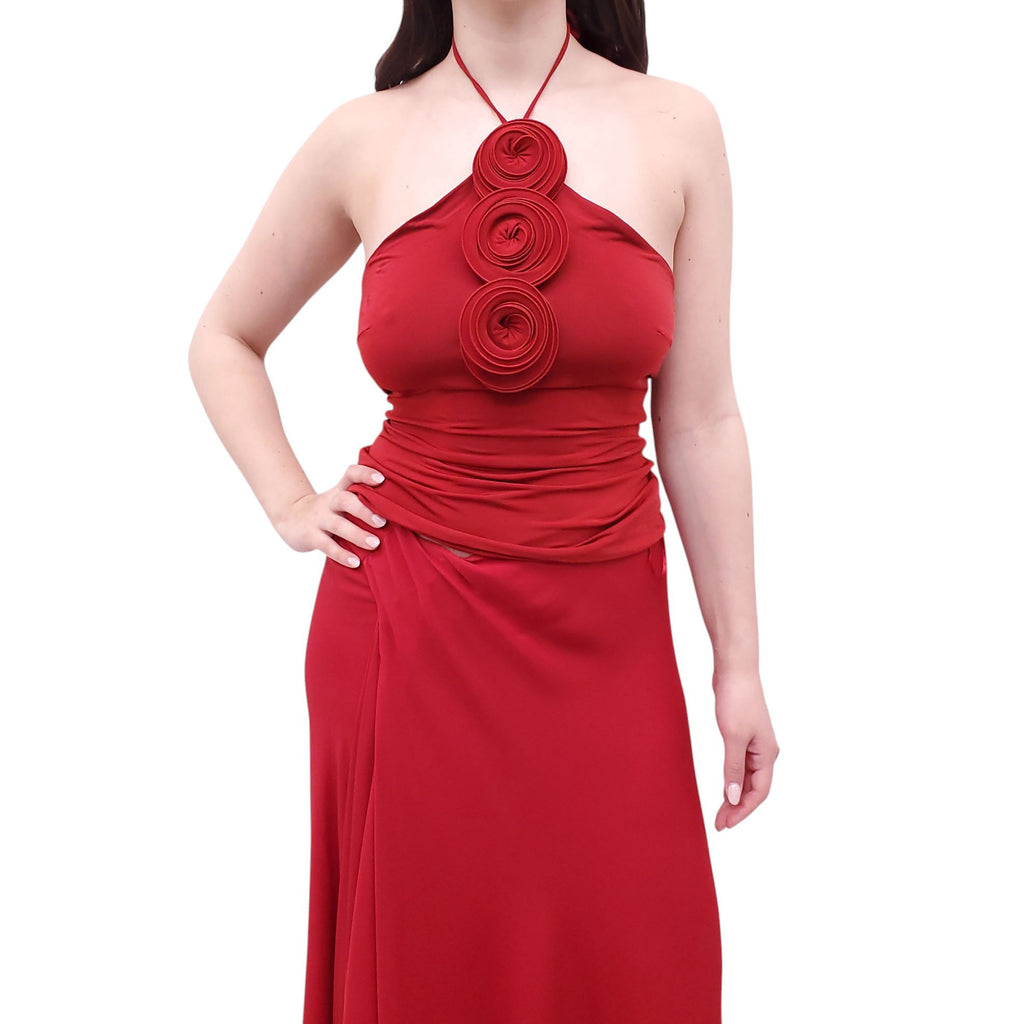 MAGDA BUTRYM RED ROSETTE HALTER TOP - SIZE 38